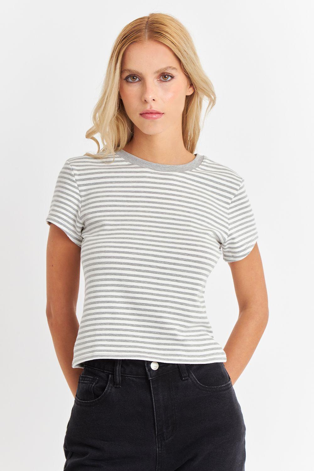 Polera Básica Cuello Redondo Líneas Gris Claro Nicopoly-0