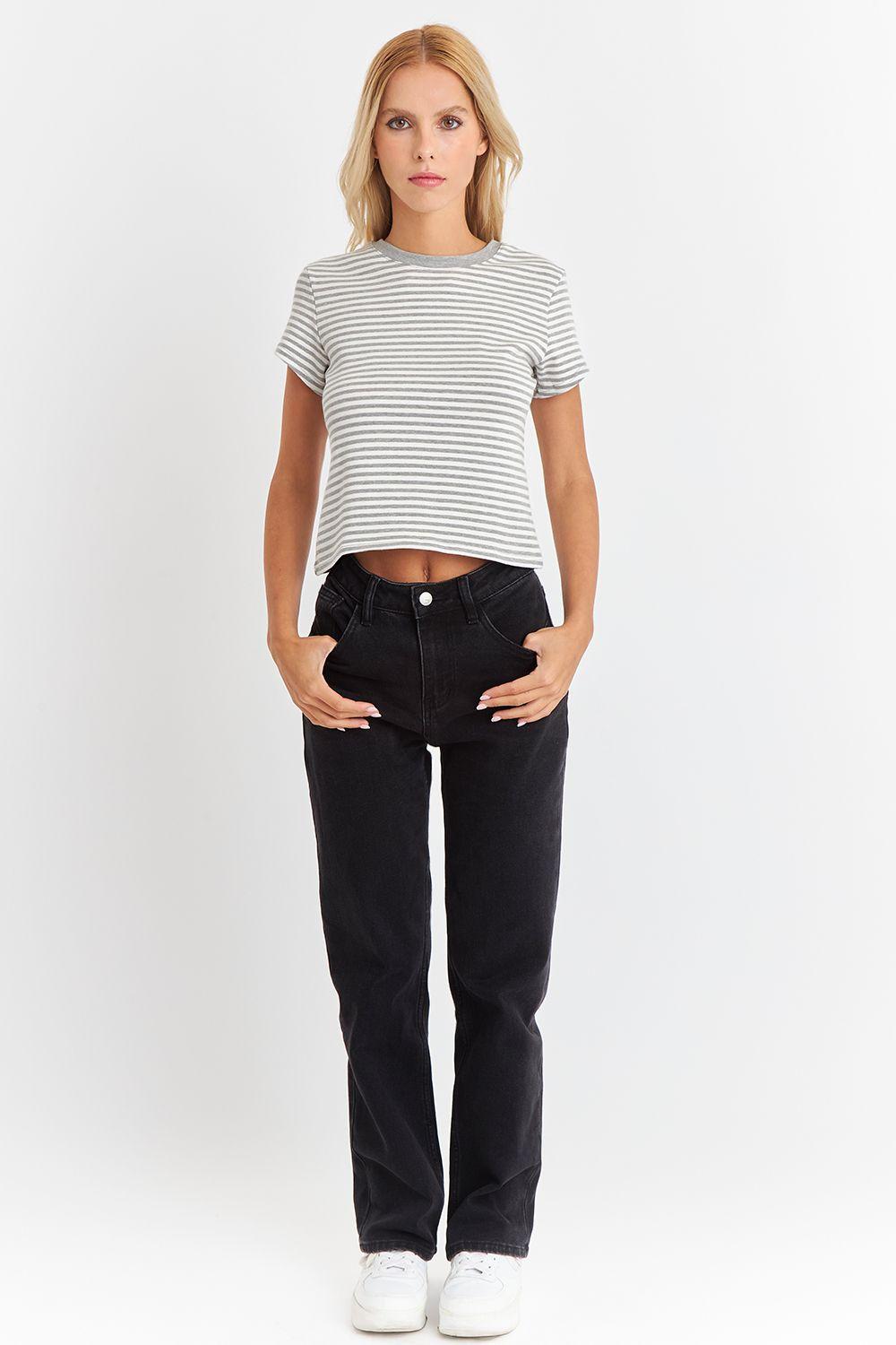 Polera Básica Cuello Redondo Líneas Gris Claro Nicopoly-1