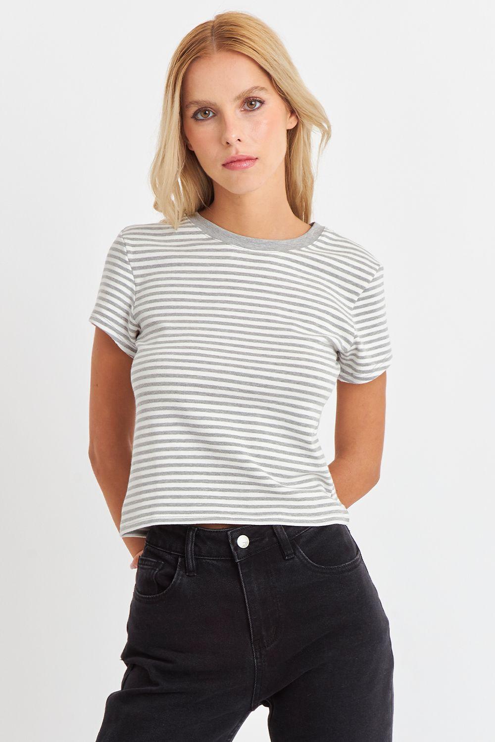 Polera Básica Cuello Redondo Líneas Gris Claro Nicopoly-4
