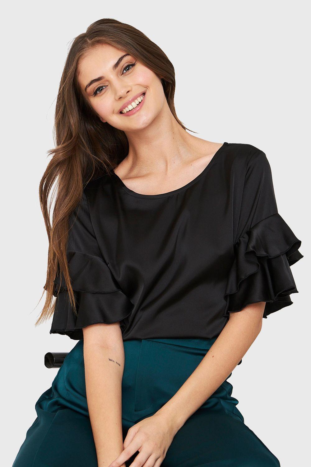 Blusa Tipo Satín Vuelos Negro Nicopoly-0