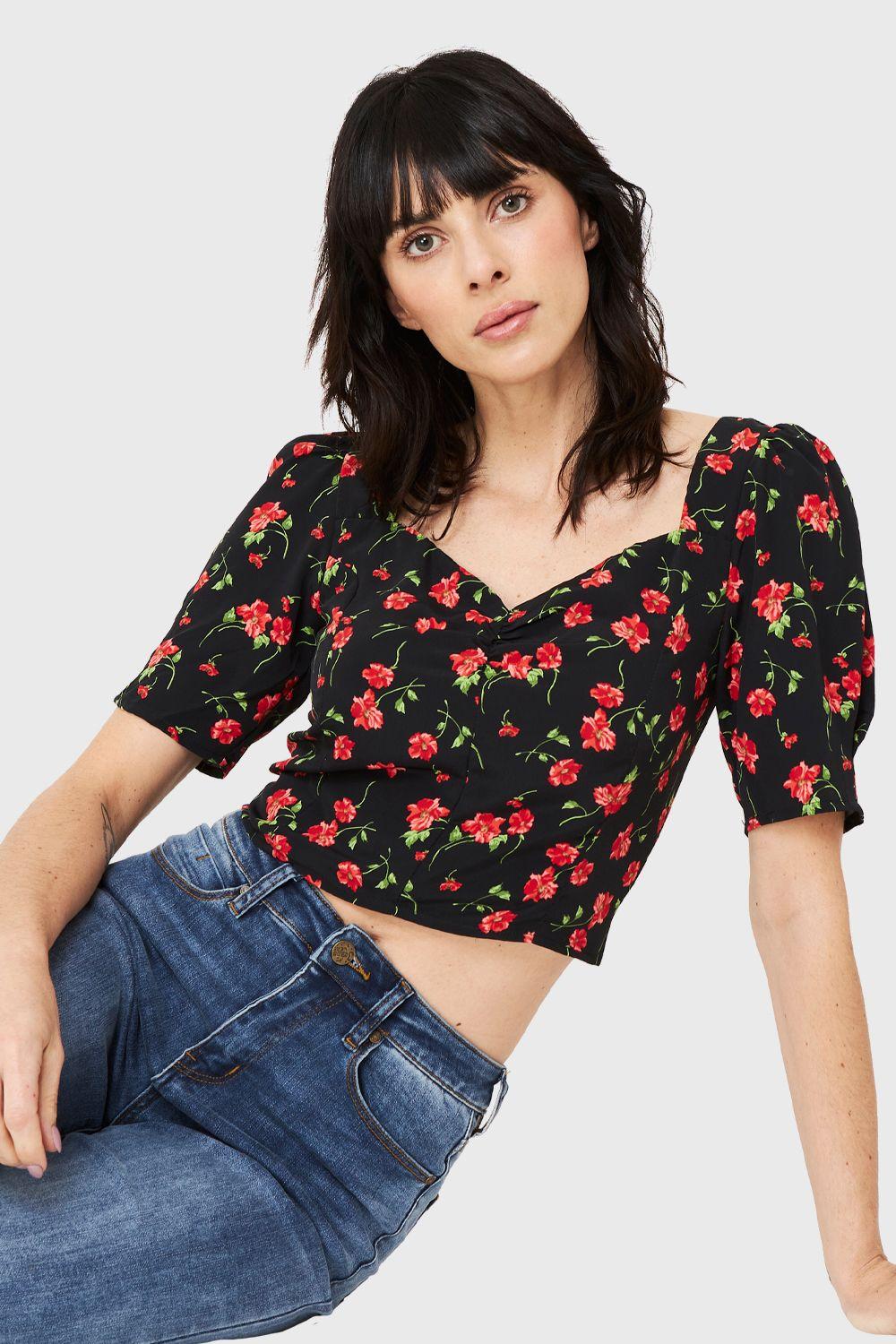 Blusa Crop Floral Lazos Negro Nicopoly-0