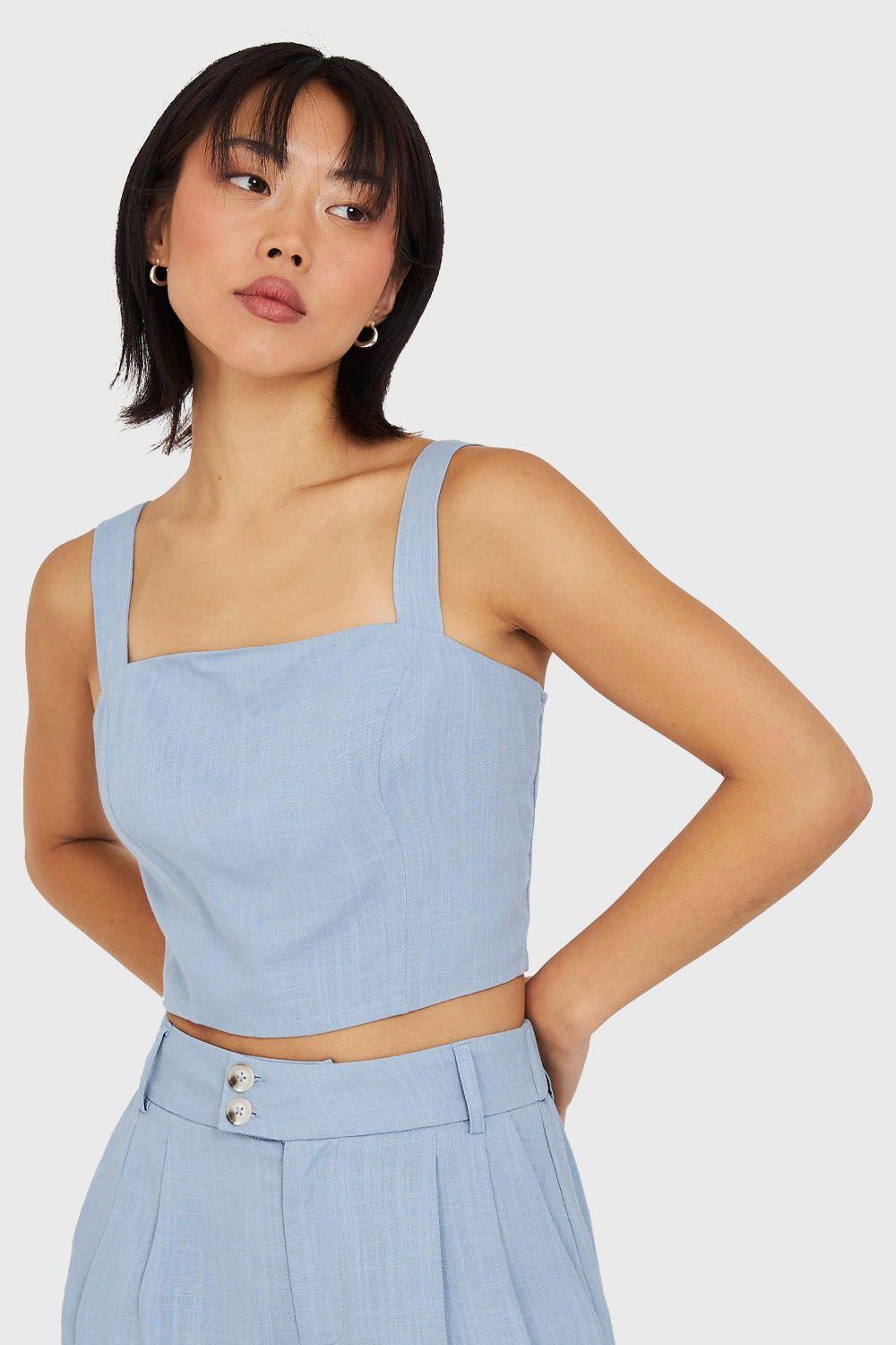Crop Top Mezcla Lino Celeste Nicopoly-4
