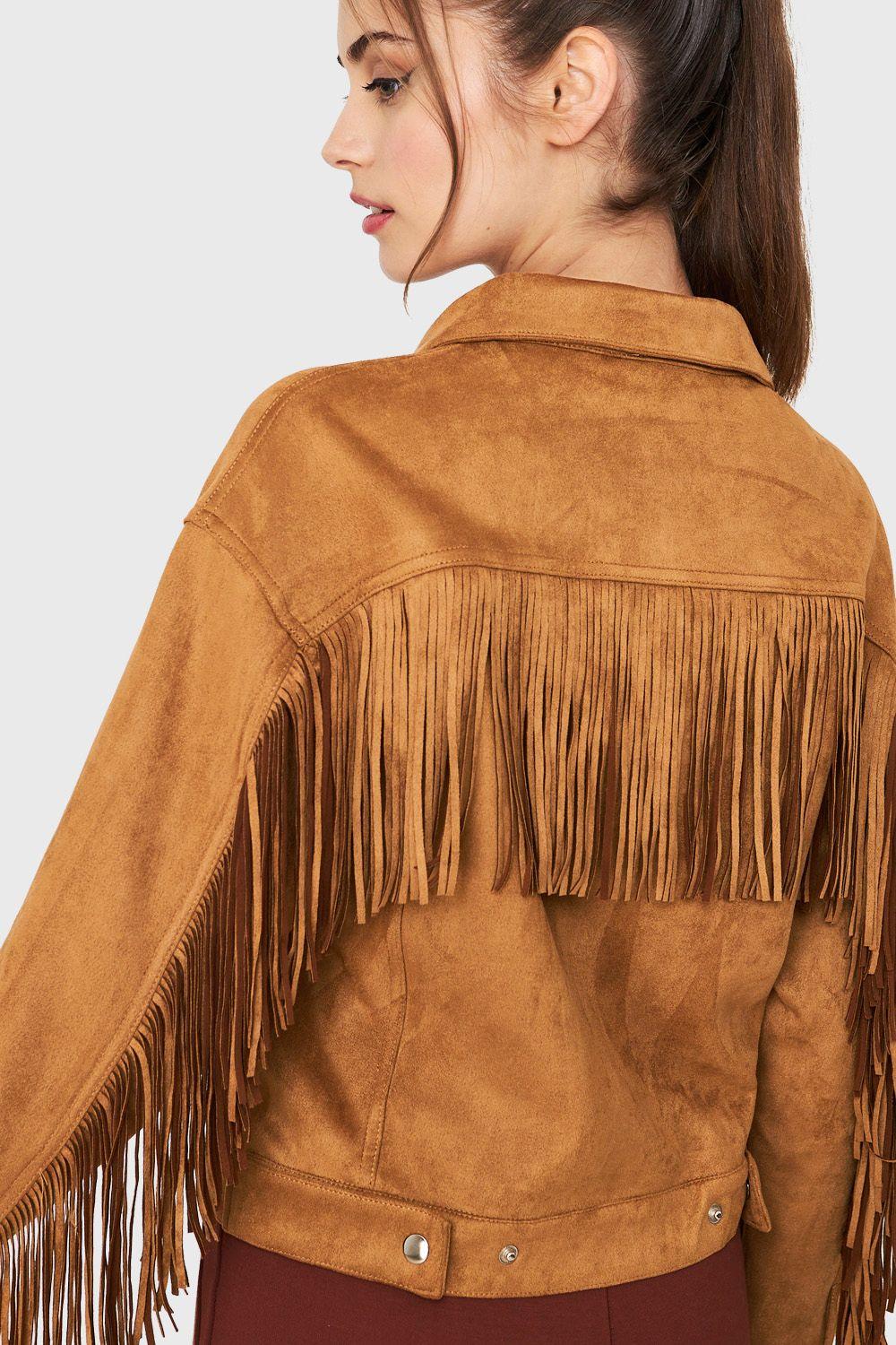 Chaqueta Tipo Gamuza Flecos Café Nicopoly-5
