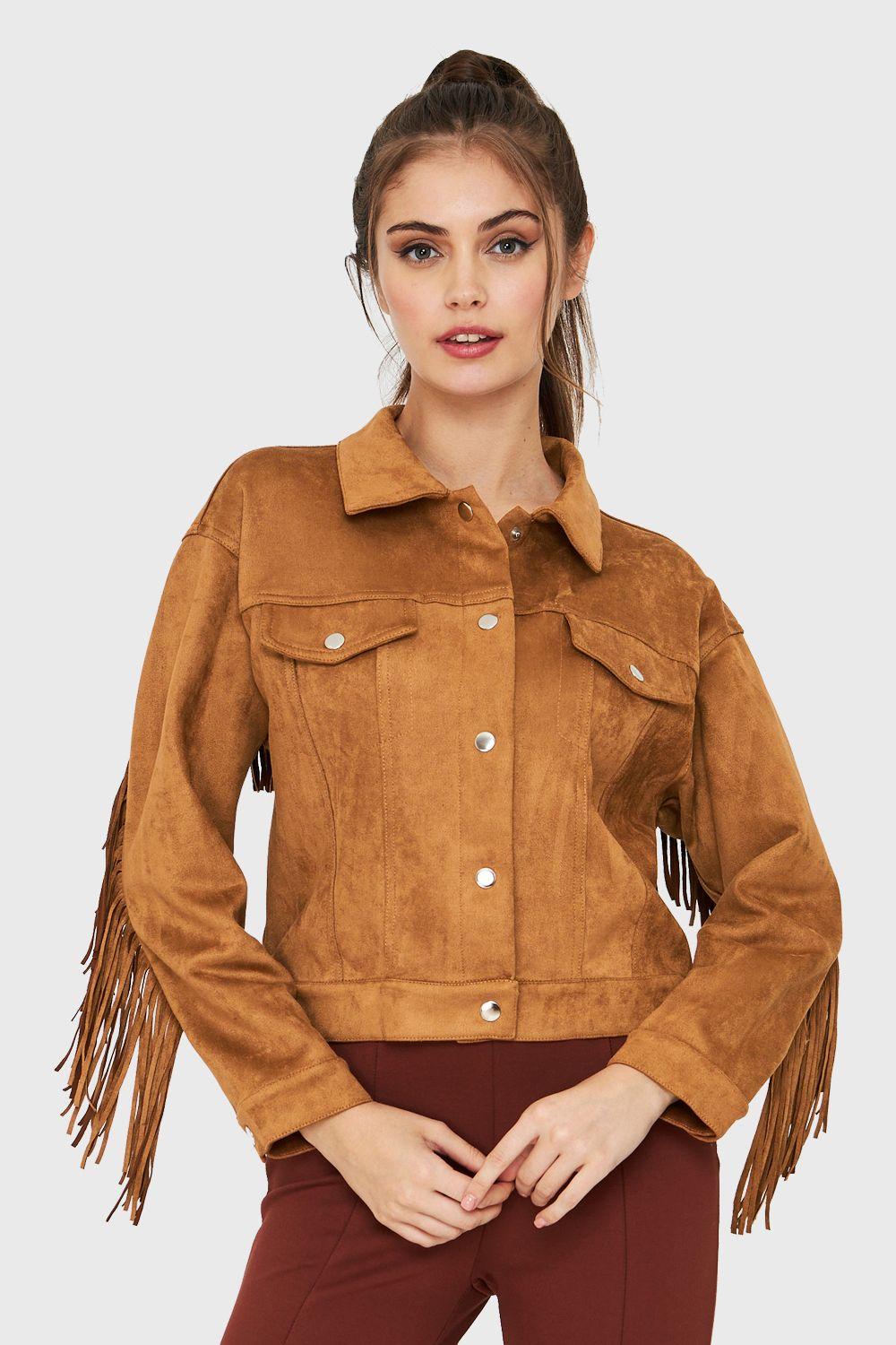 Chaqueta Tipo Gamuza Flecos Café Nicopoly-4
