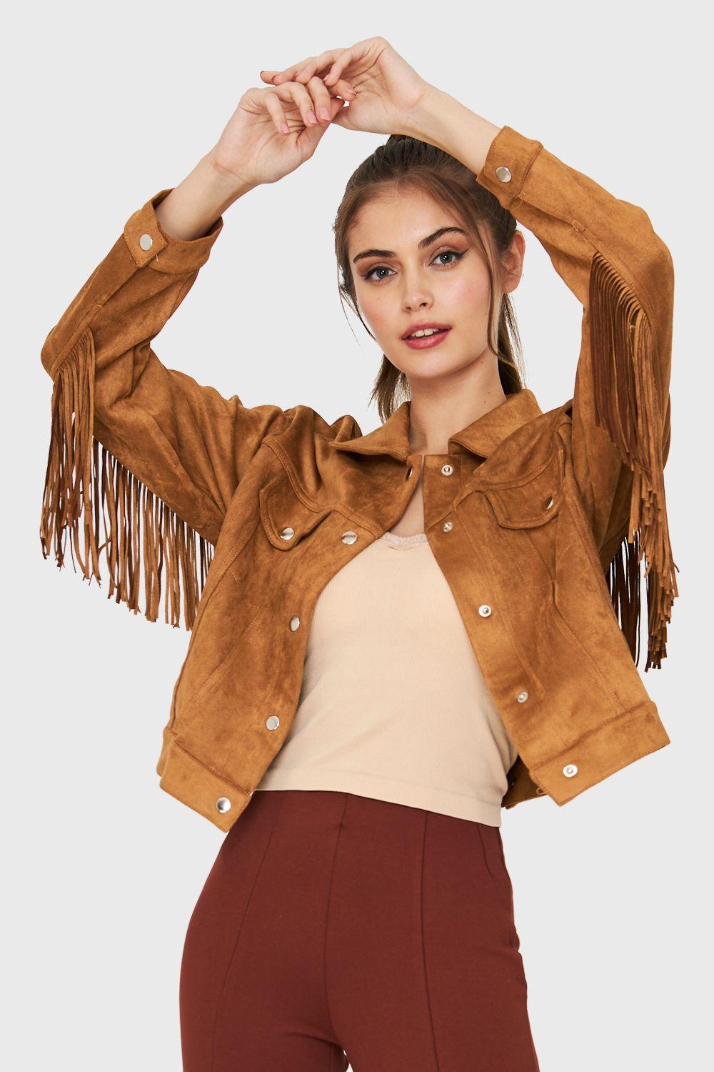 Chaqueta Tipo Gamuza Flecos Café Nicopoly-0