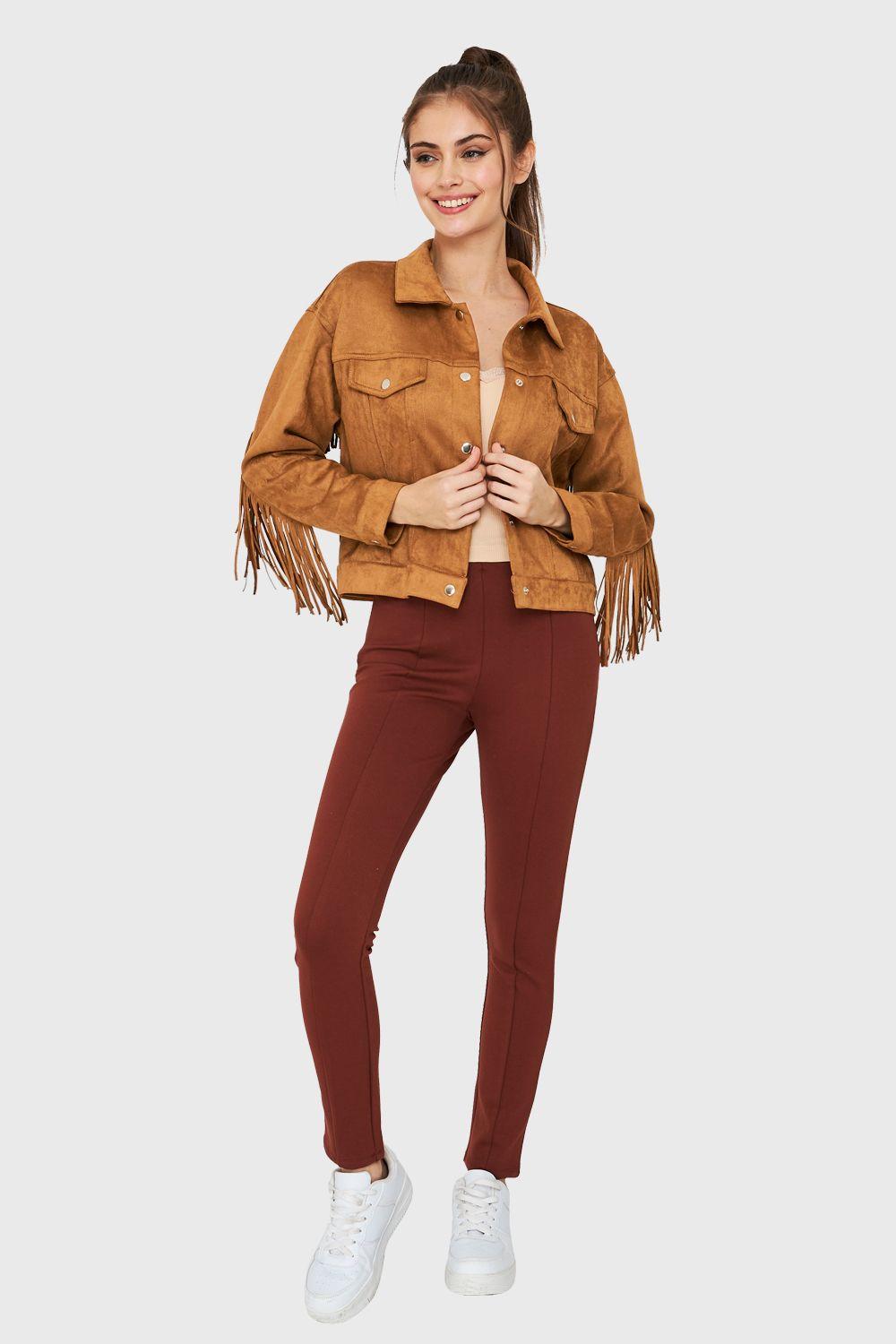 Chaqueta Tipo Gamuza Flecos Café Nicopoly-1