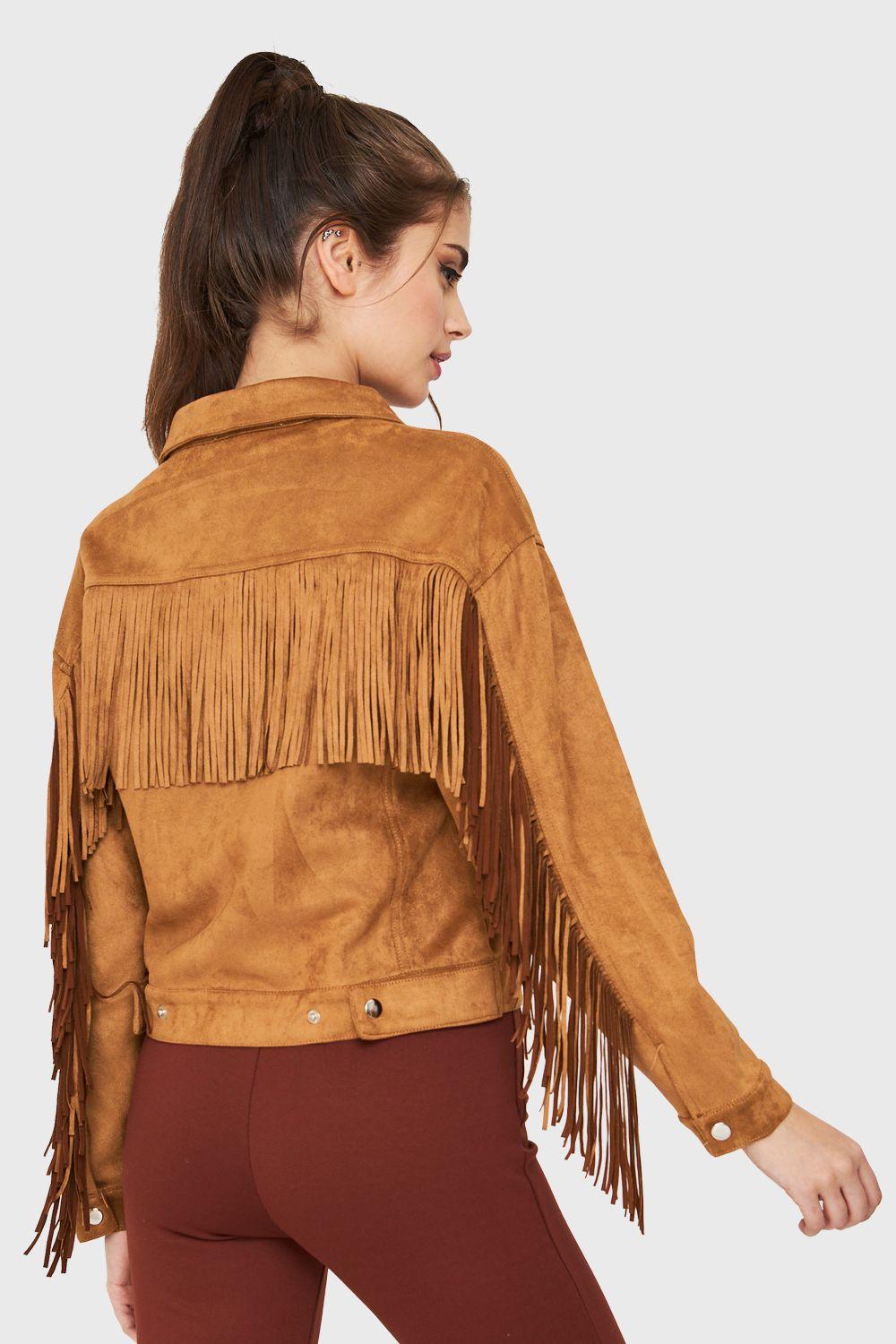 Chaqueta Tipo Gamuza Flecos Café Nicopoly-3