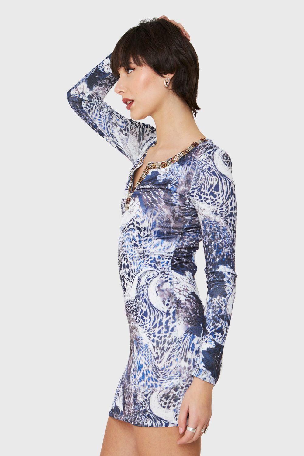 Vestido Strass Y Pedrería Azul Nicopoly-2