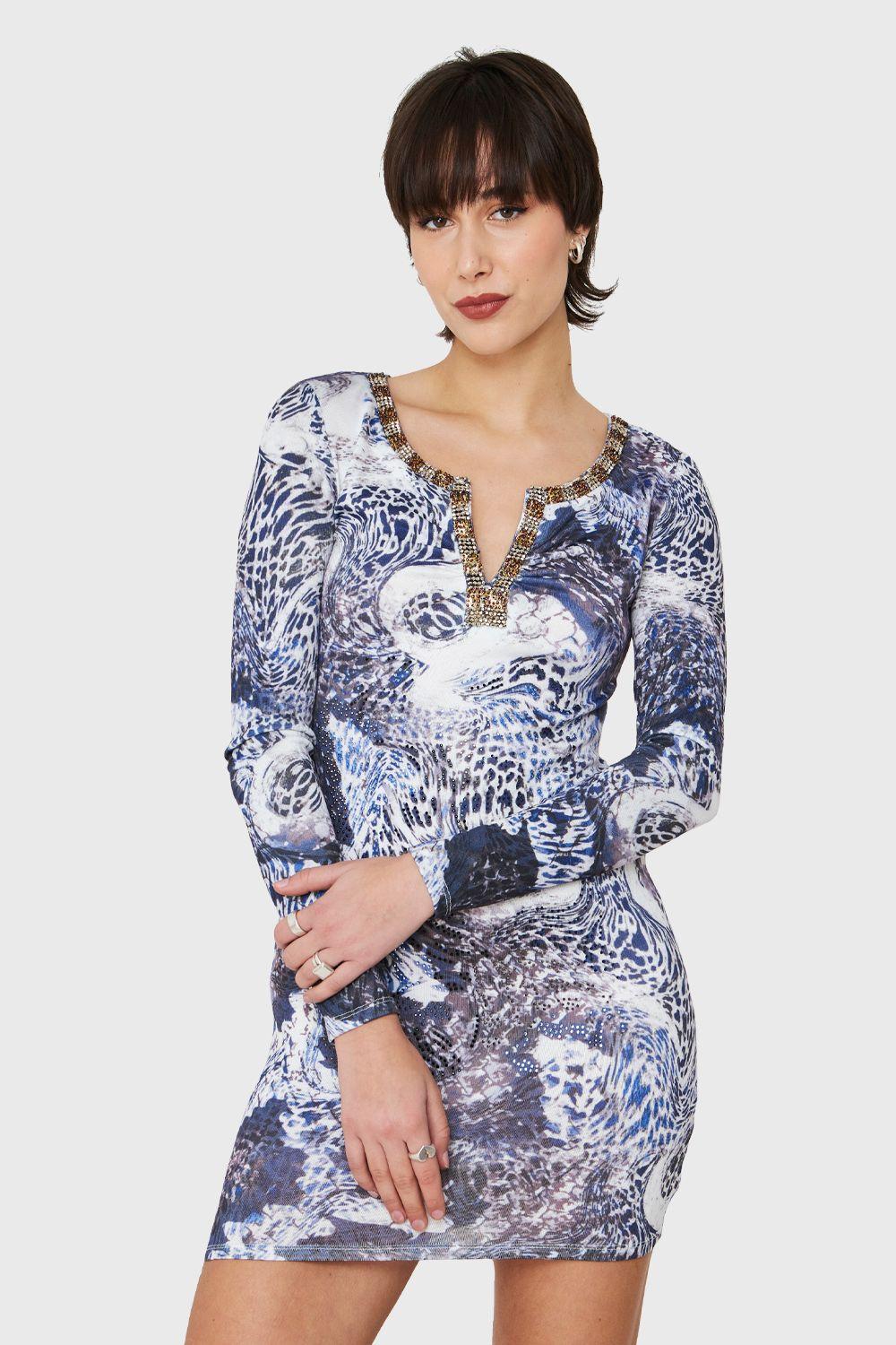 Vestido Strass Y Pedrería Azul Nicopoly-0