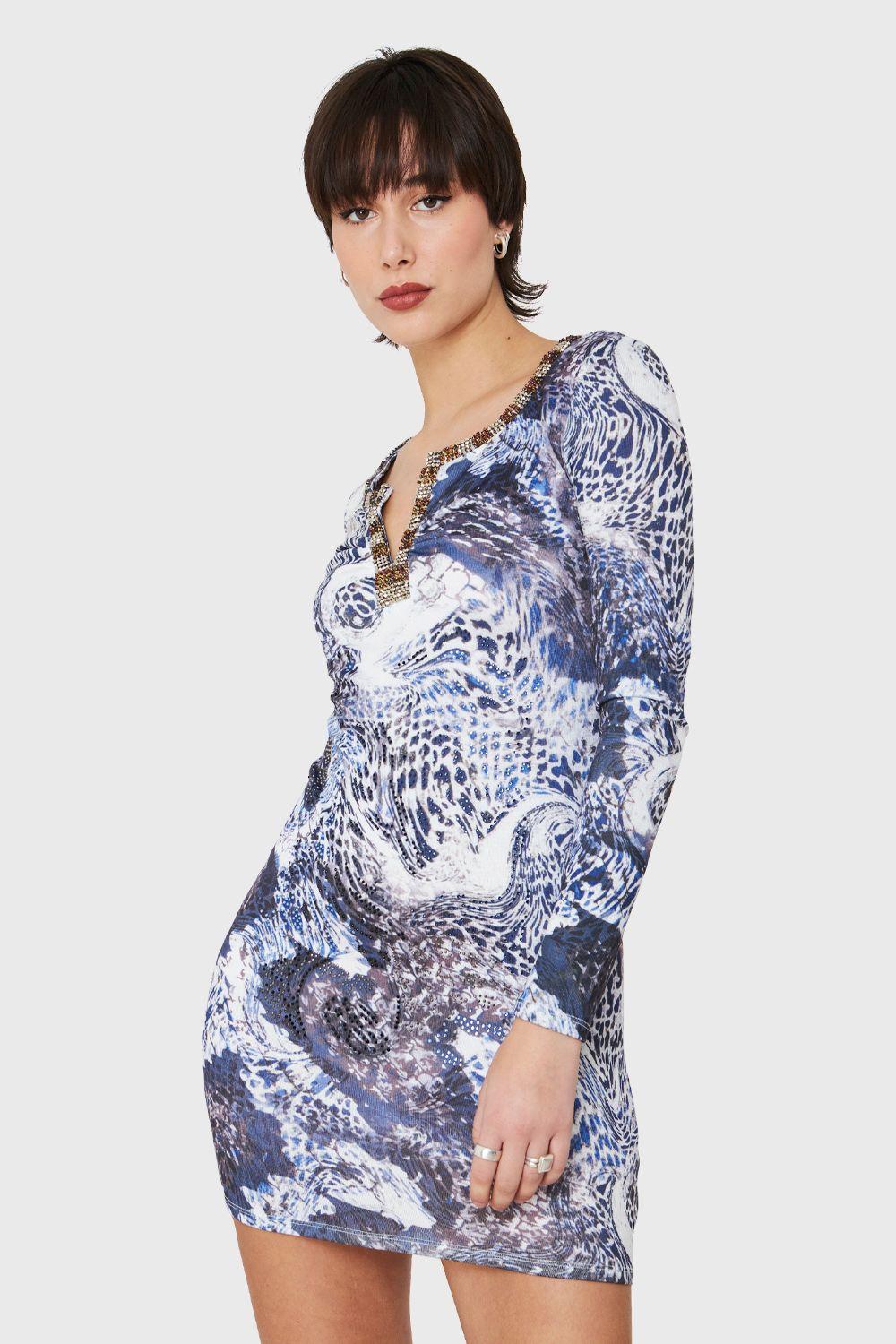Vestido Strass Y Pedrería Azul Nicopoly-4