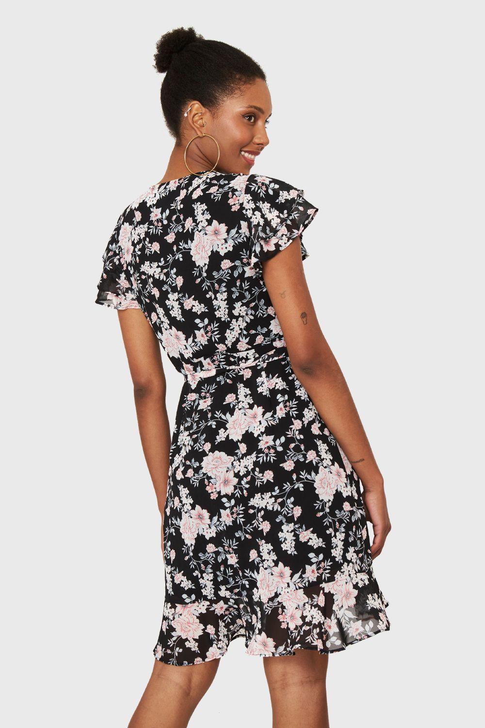 Vestido Corto Envolvente Floral Negro Nicopoly-3