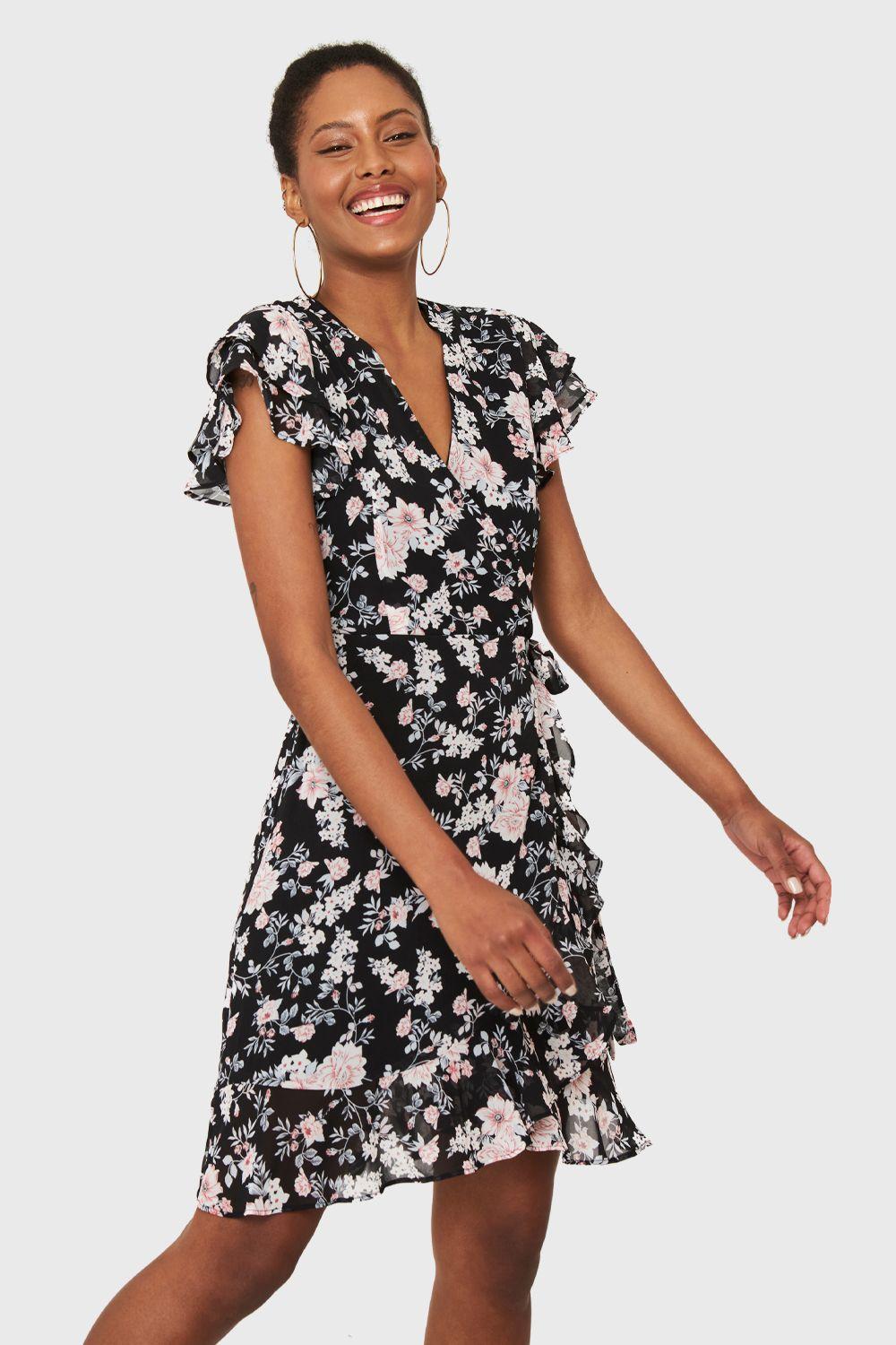 Vestido Corto Envolvente Floral Negro Nicopoly-5