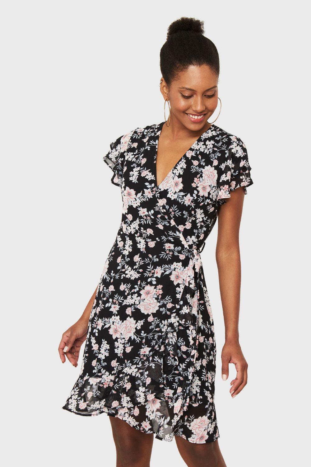 Vestido Corto Envolvente Floral Negro Nicopoly-0