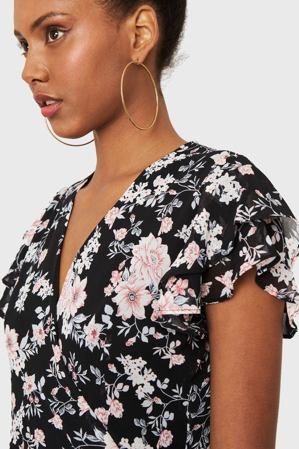 Vestido Corto Envolvente Floral Negro Nicopoly-4