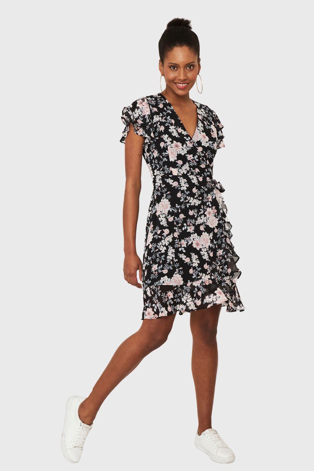 Vestido Corto Envolvente Floral Negro Nicopoly-1