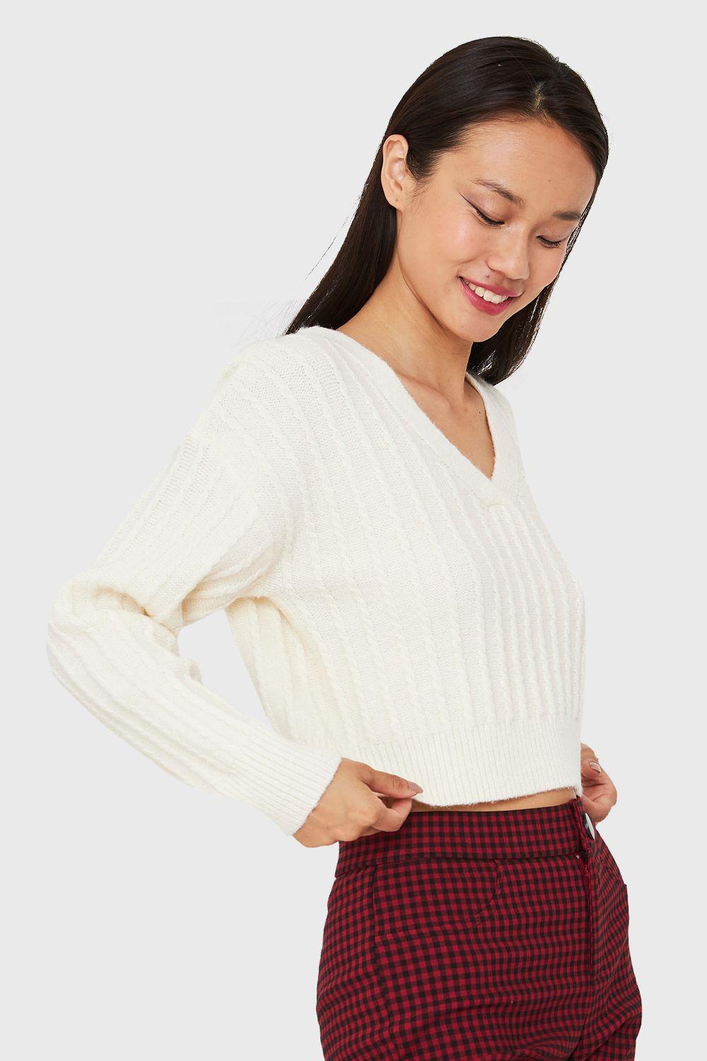 Sweater Crop Cuello V Blanco Invierno Nicopoly-2