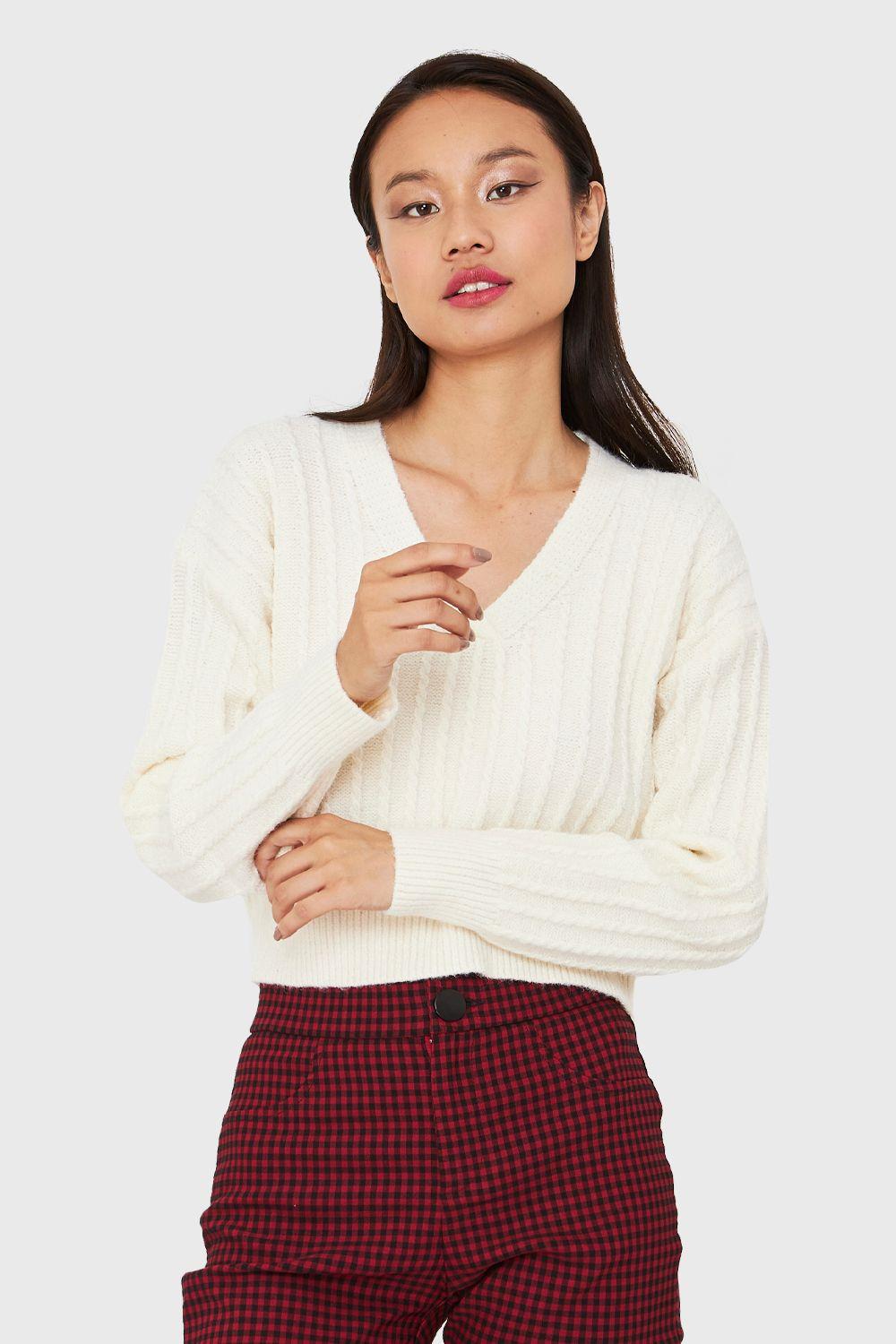 Sweater Crop Cuello V Blanco Invierno Nicopoly-4