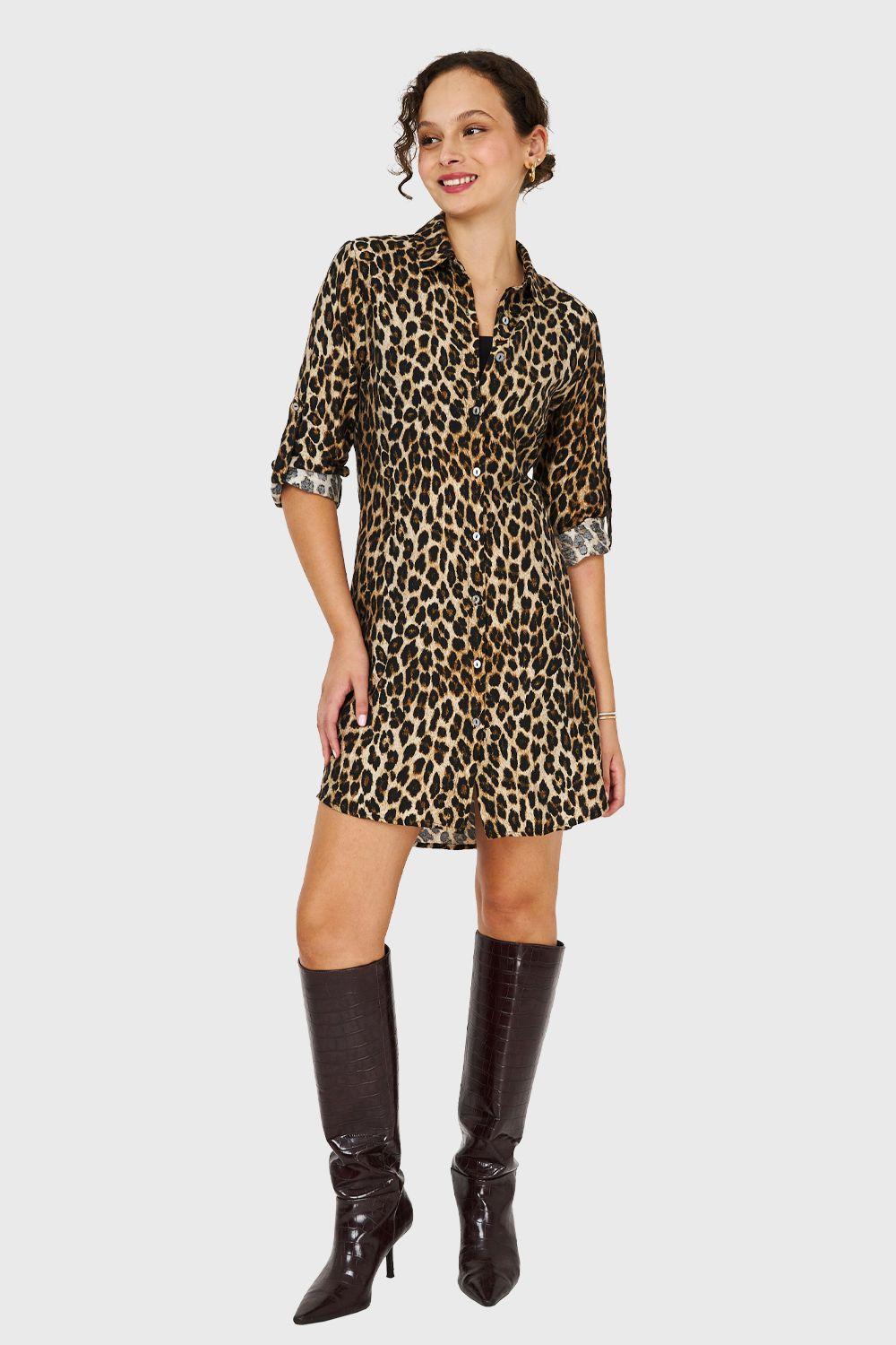Vestido Tipo Camisero Leopard Café Nicopoly-1