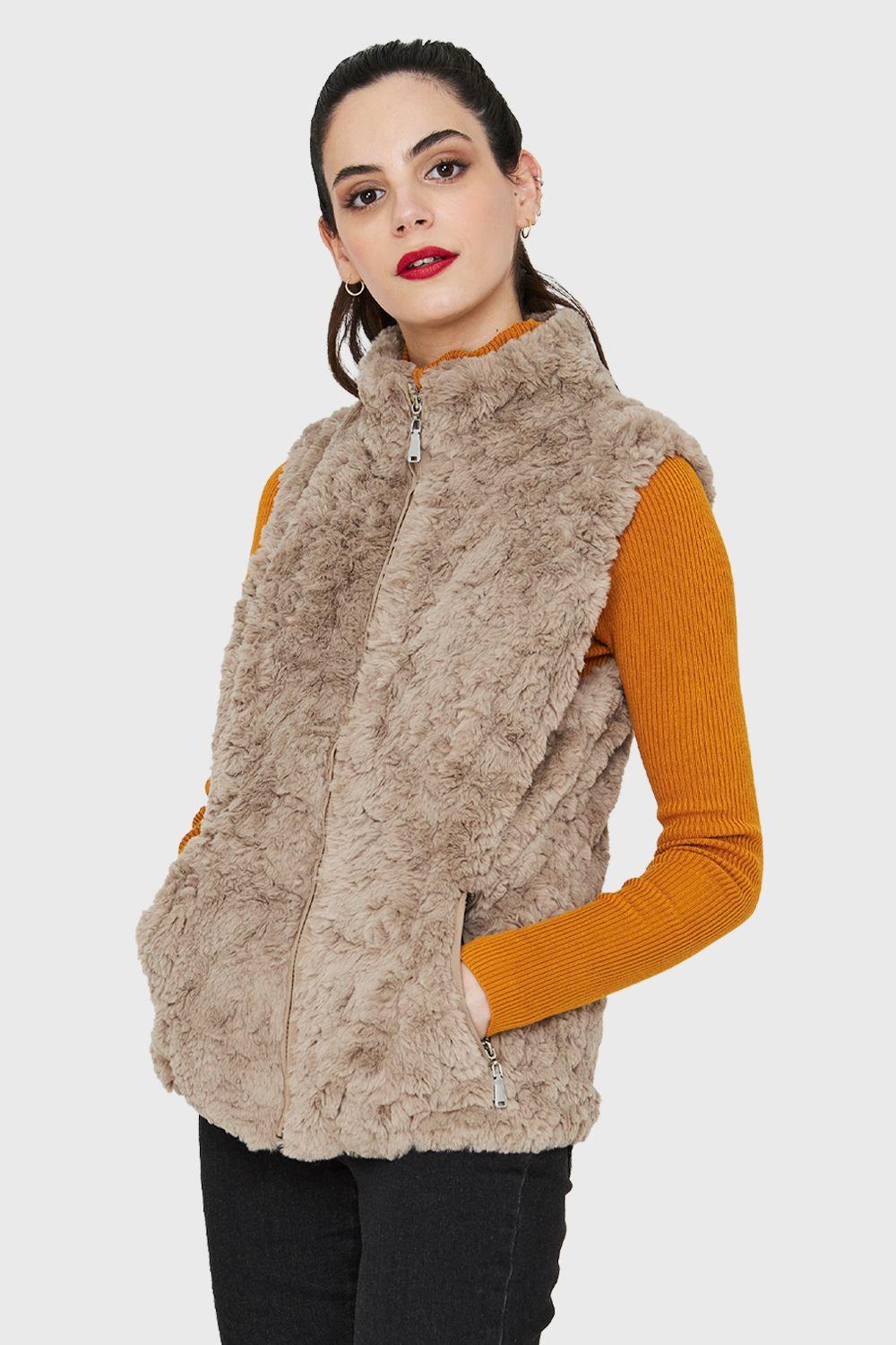 Chaqueta Peluda Sin Mangas Khaki Nicopoly-2