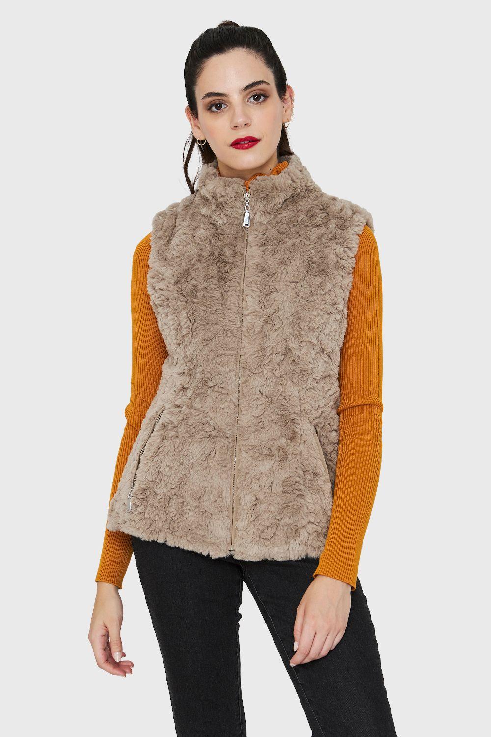 Chaqueta Peluda Sin Mangas Khaki Nicopoly-0
