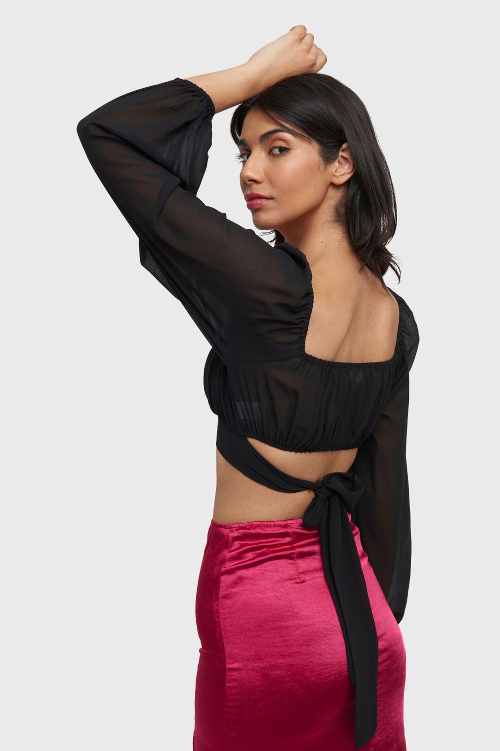 Blusa Crop Lazos Negro Nicopoly-3