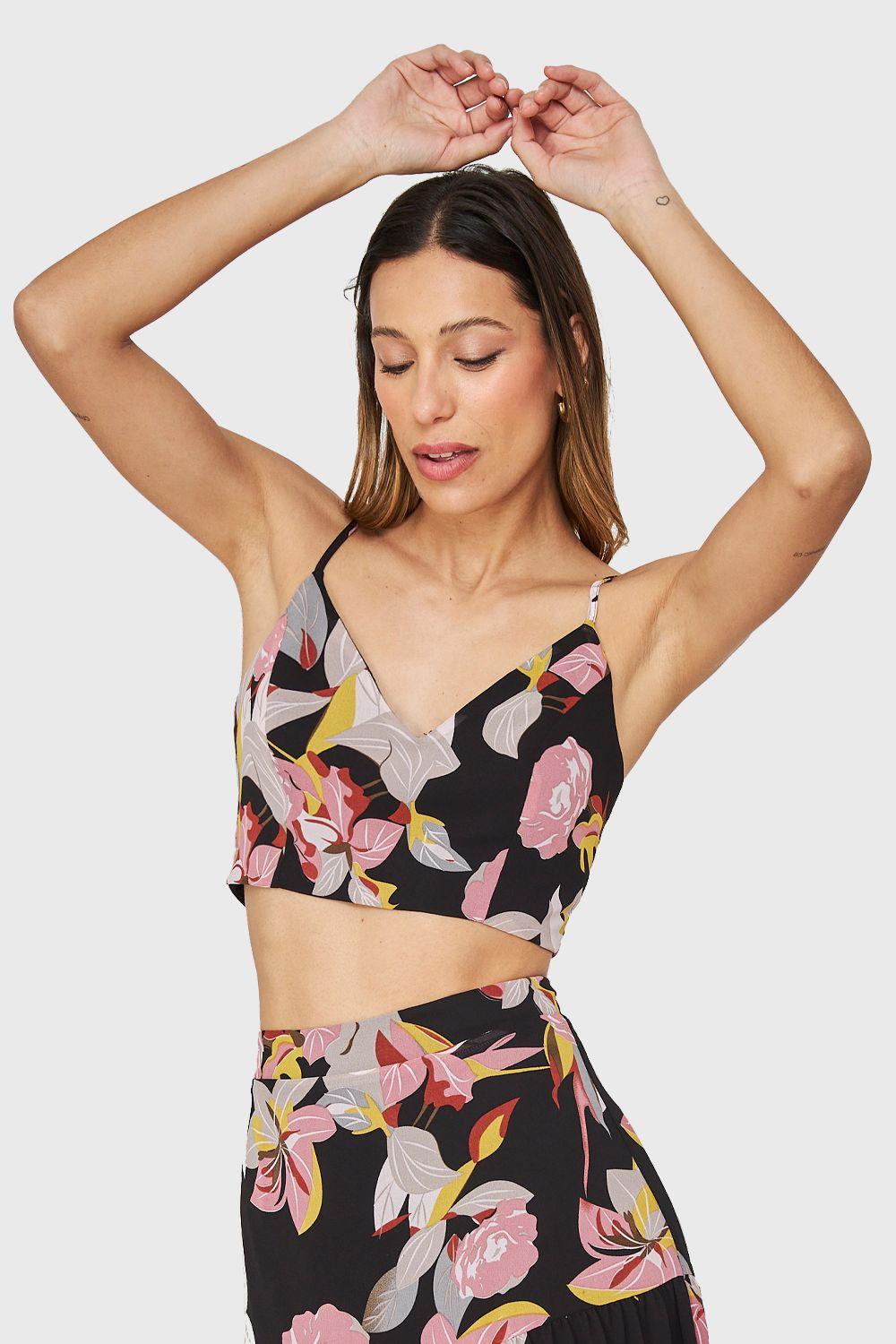 Top Floral Espalda Elasticada Negro Nicopoly-4