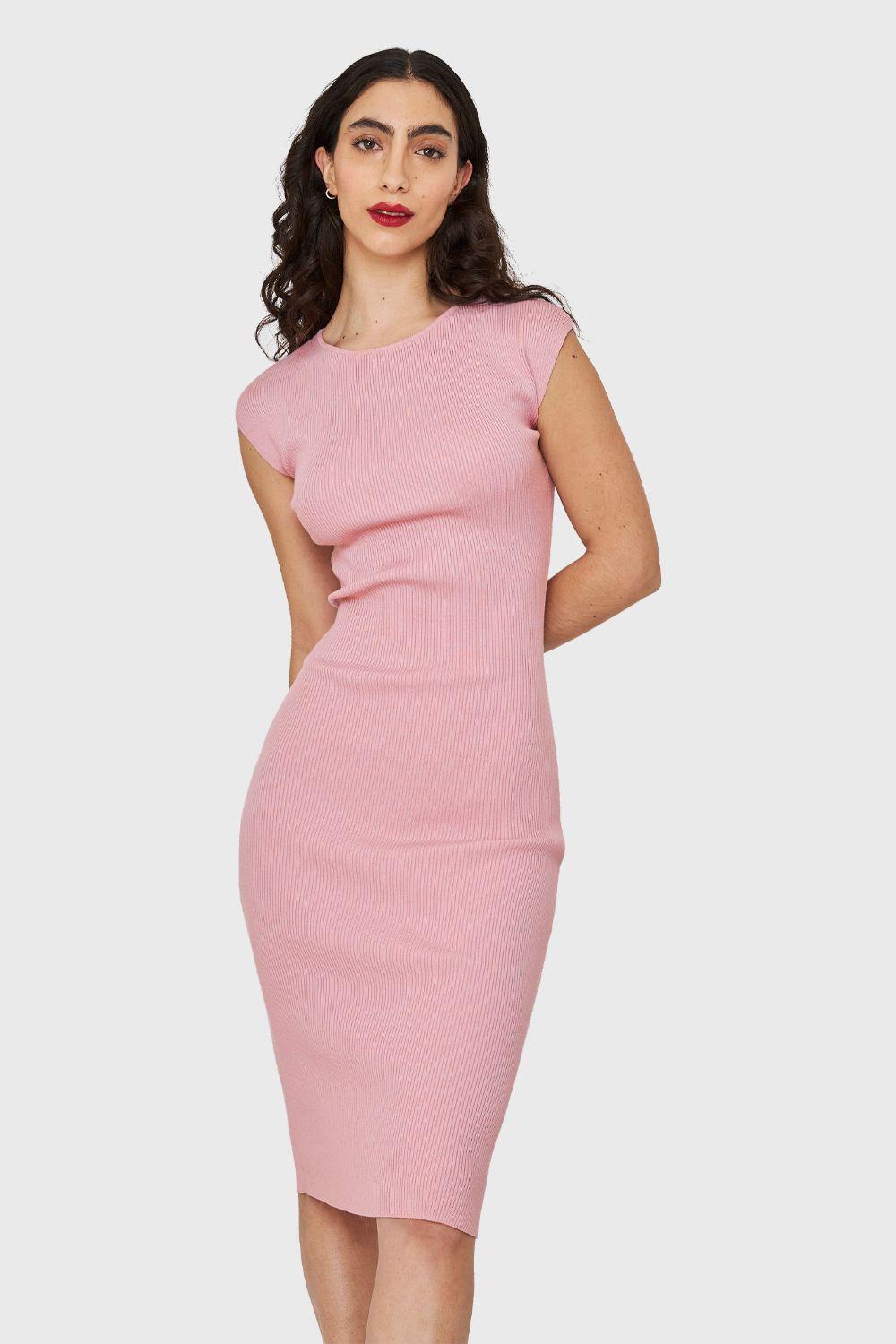 Vestido Básico Acanalado Rosa Claro Nicopoly-0