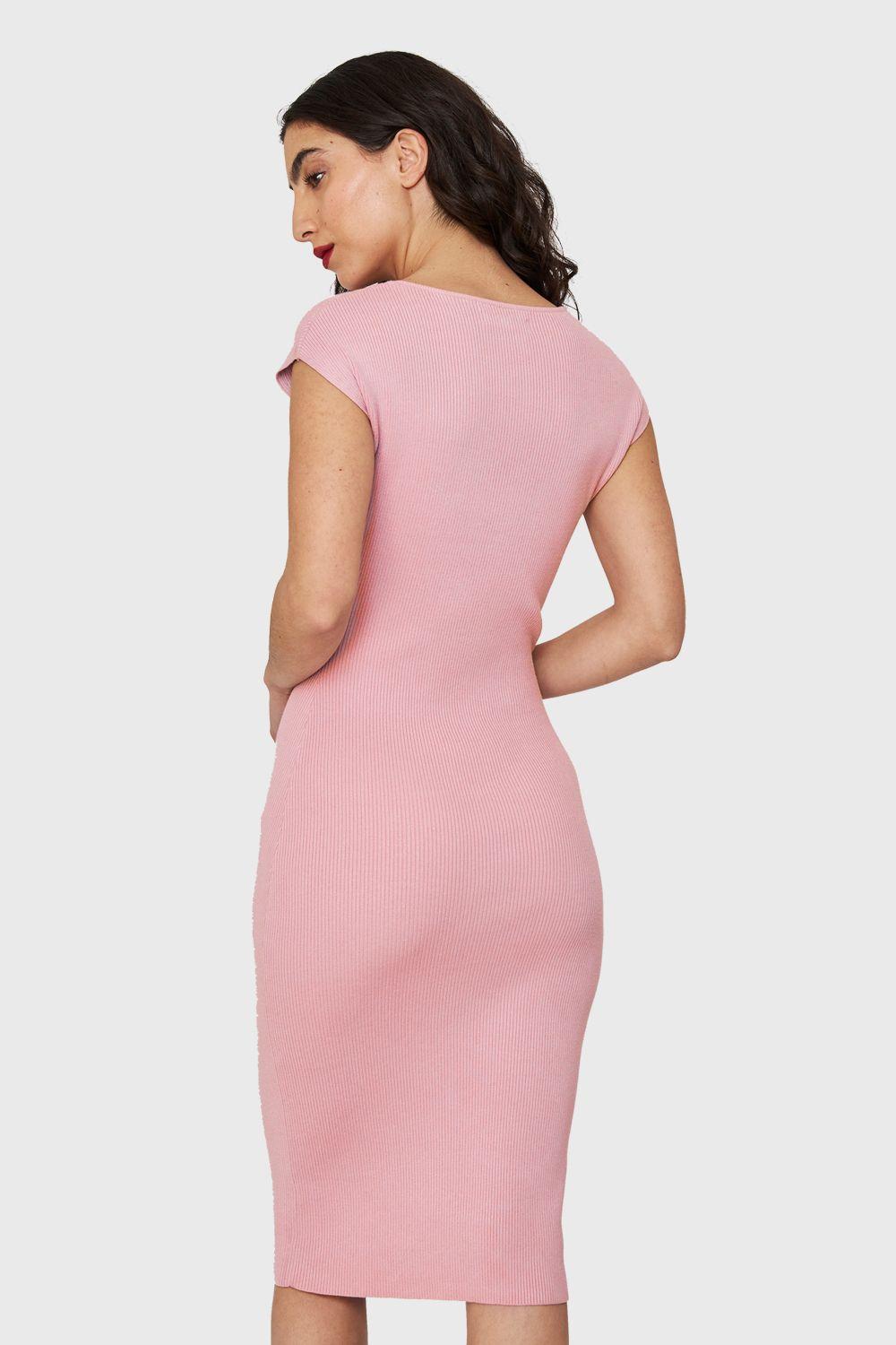 Vestido Básico Acanalado Rosa Claro Nicopoly-3