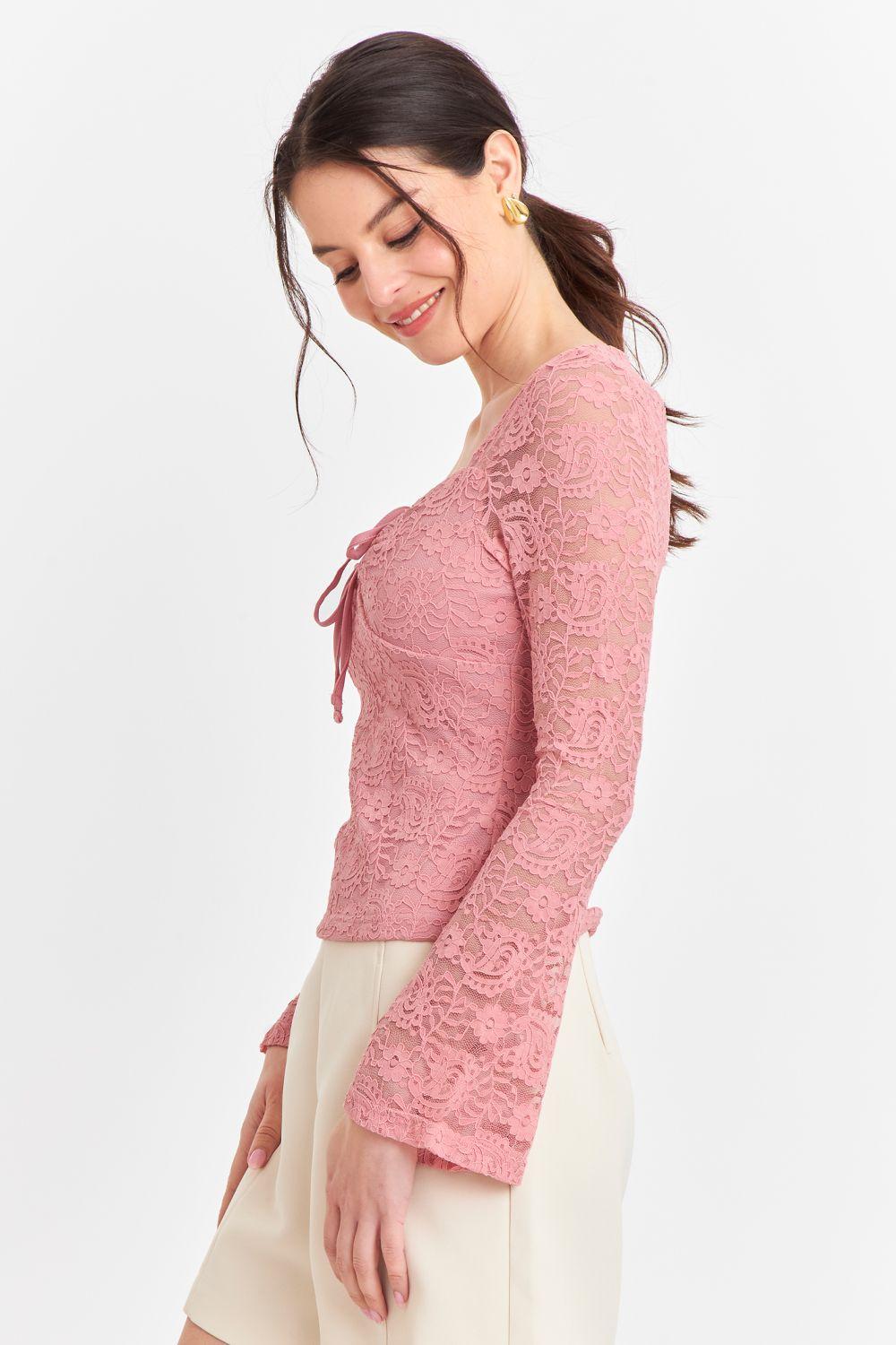 Polera Encaje Escote Nudo Rosado Nicopoly-2