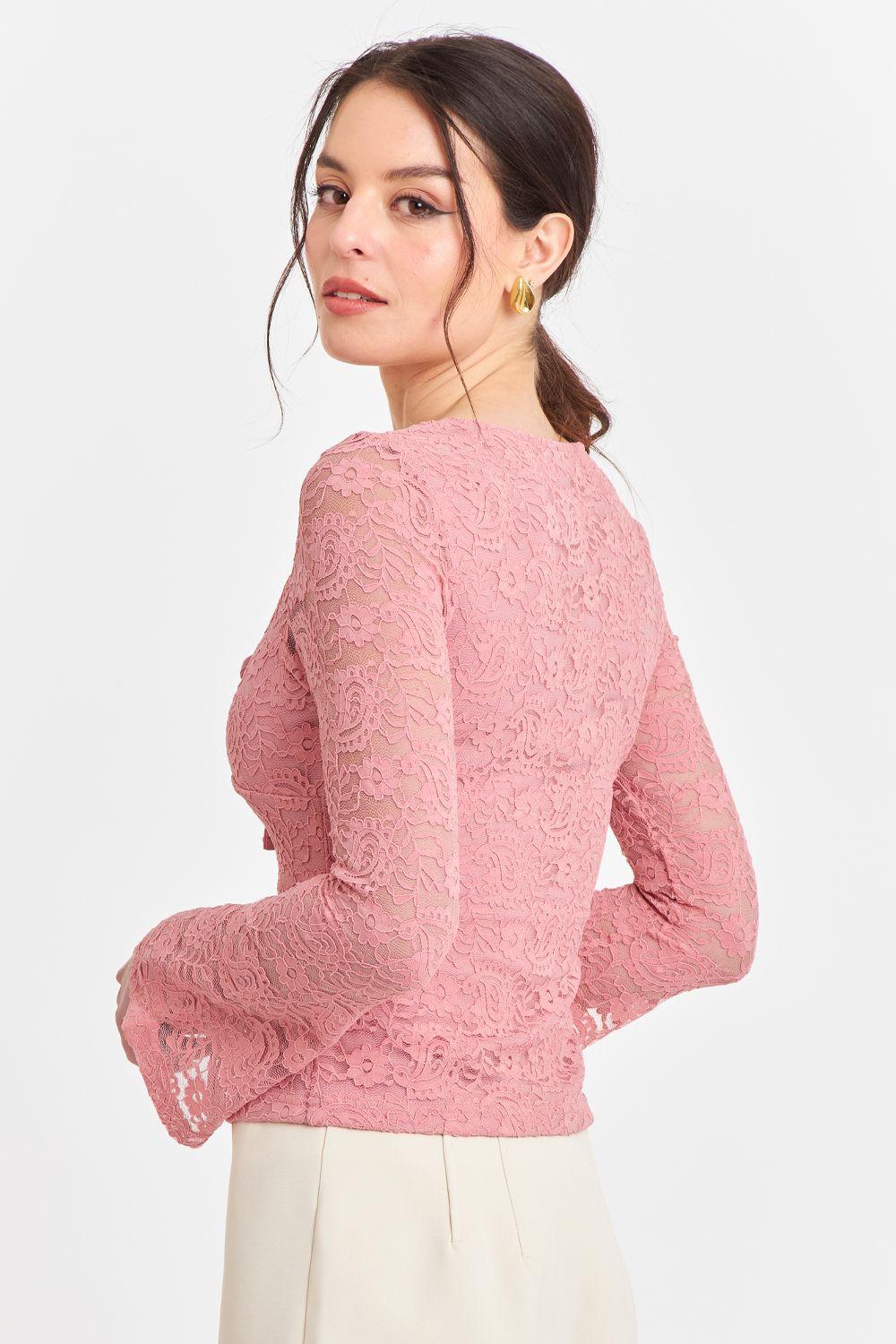 Polera Encaje Escote Nudo Rosado Nicopoly-3