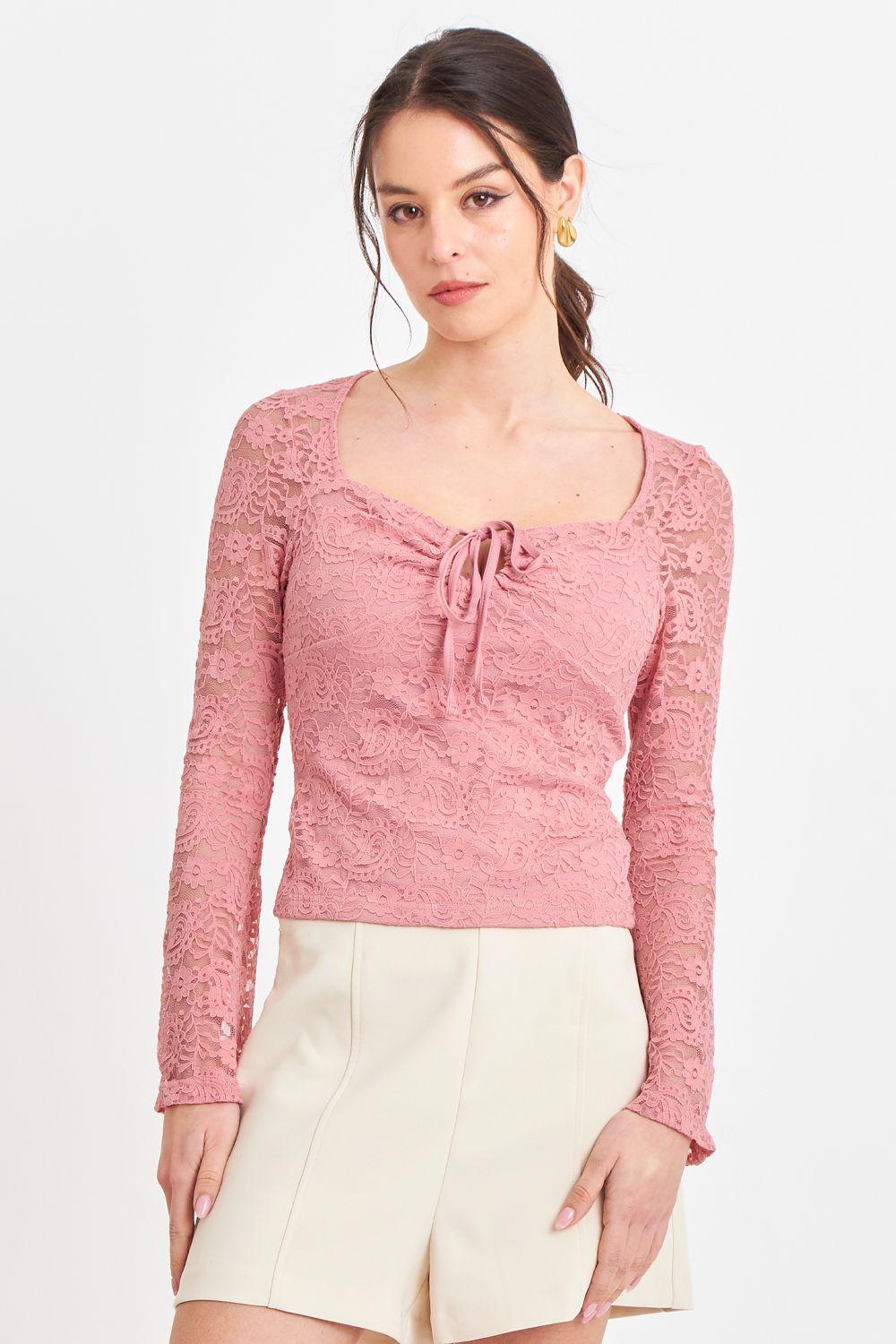 Polera Encaje Escote Nudo Rosado Nicopoly-4