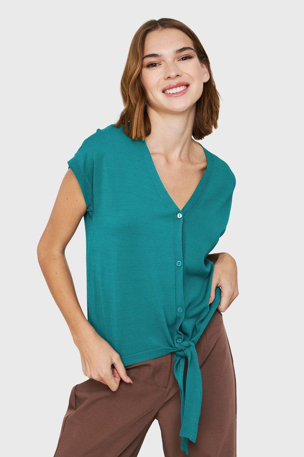 Polera Abotonada Nudo Verde Petróleo Nicopoly-4