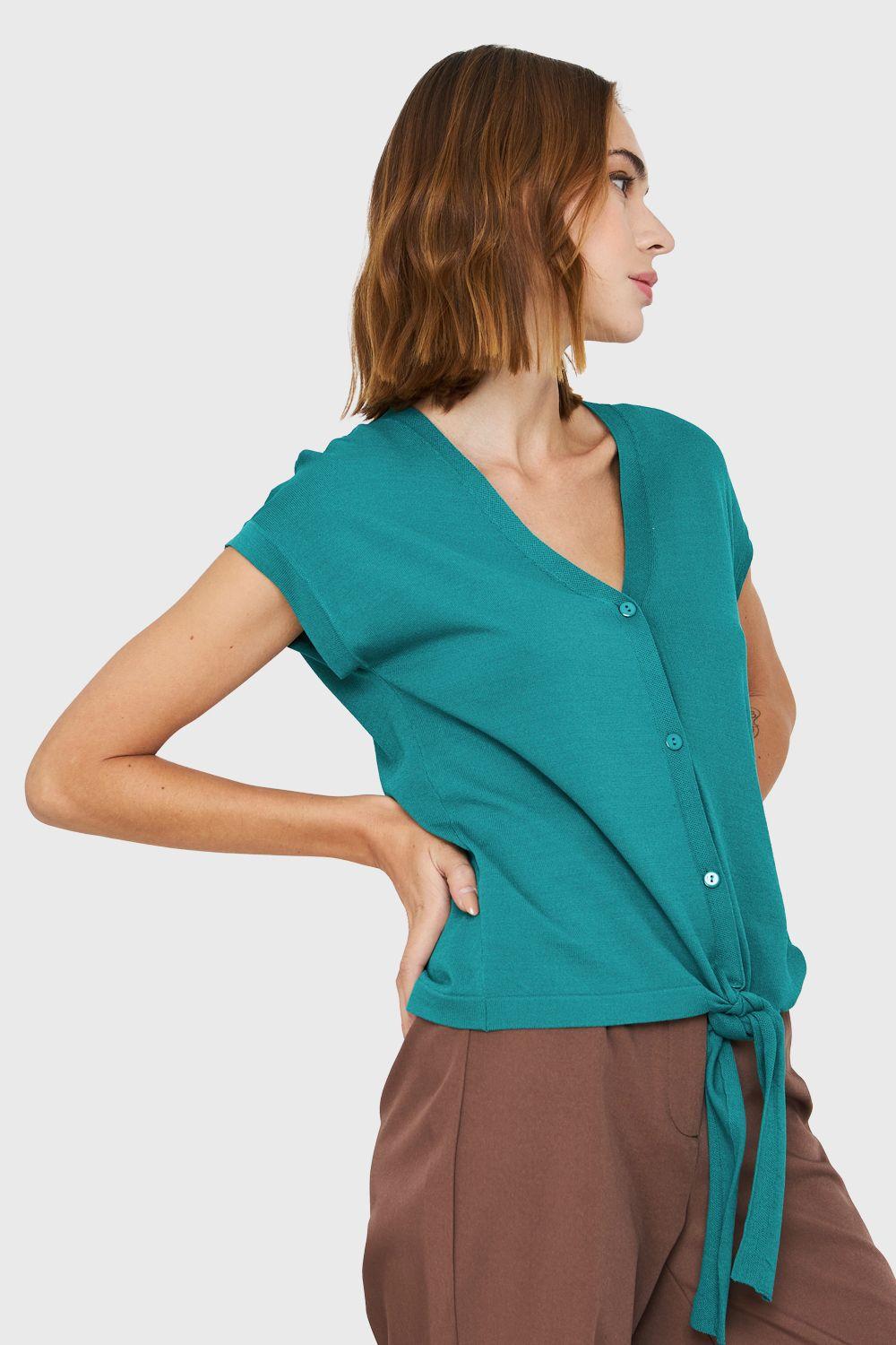 Polera Abotonada Nudo Verde Petróleo Nicopoly-2