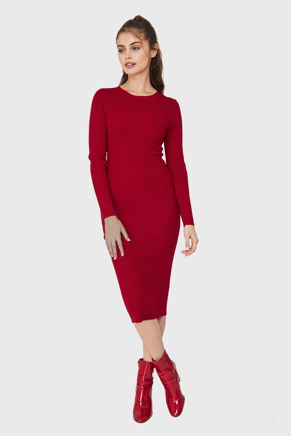 Vestido Acanalado Manga Larga Burdeos Nicopoly-1