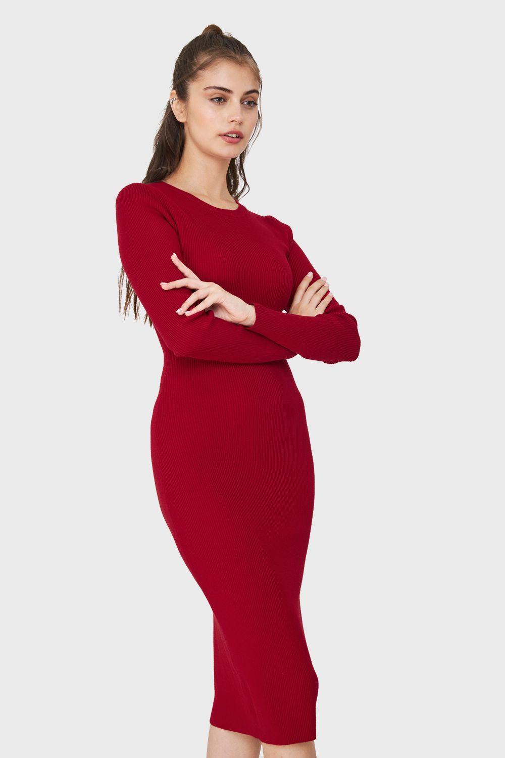 Vestido Acanalado Manga Larga Burdeos Nicopoly-2