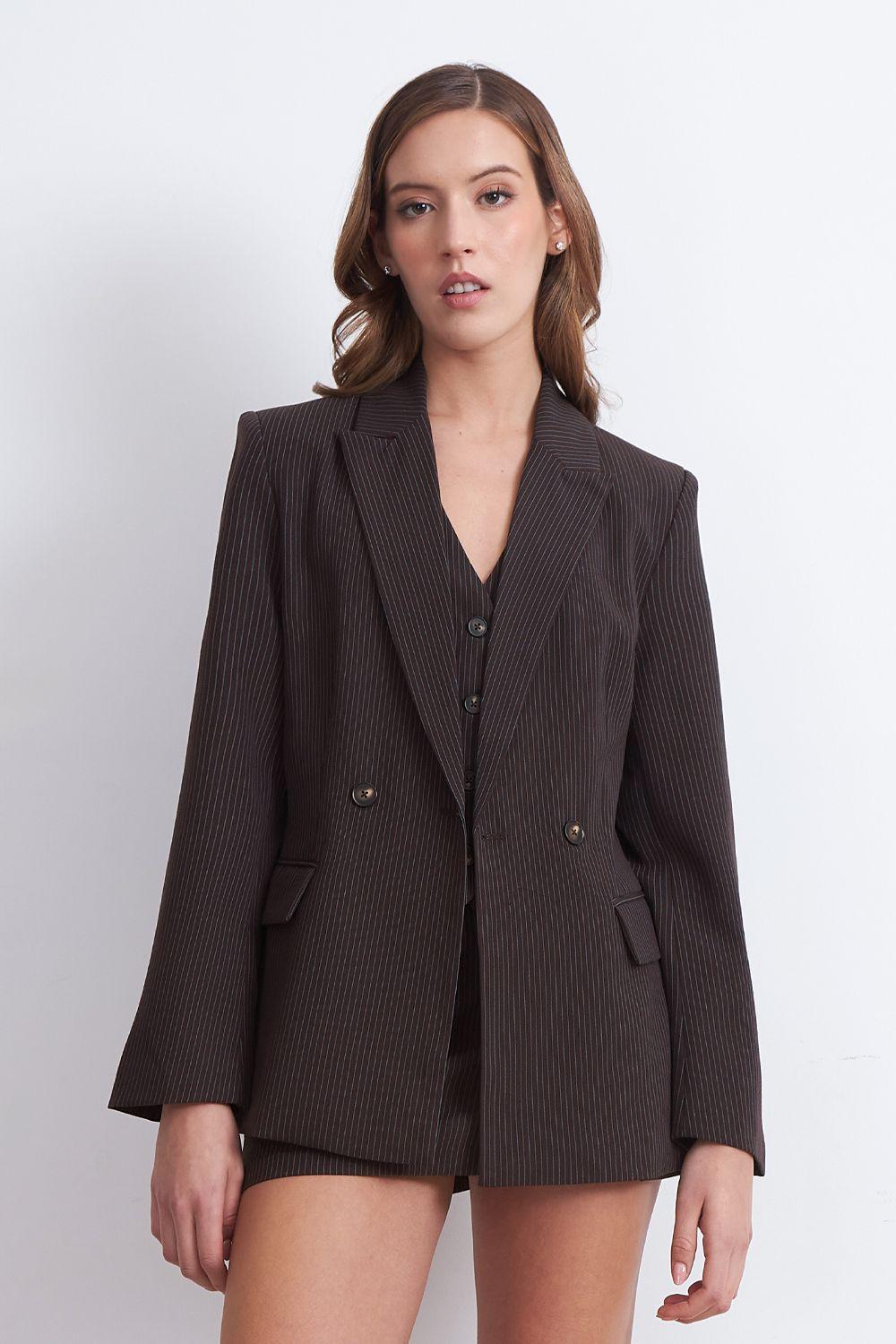 Blazer Cruzado Rayas Diplomáticas Café Nicopoly-0