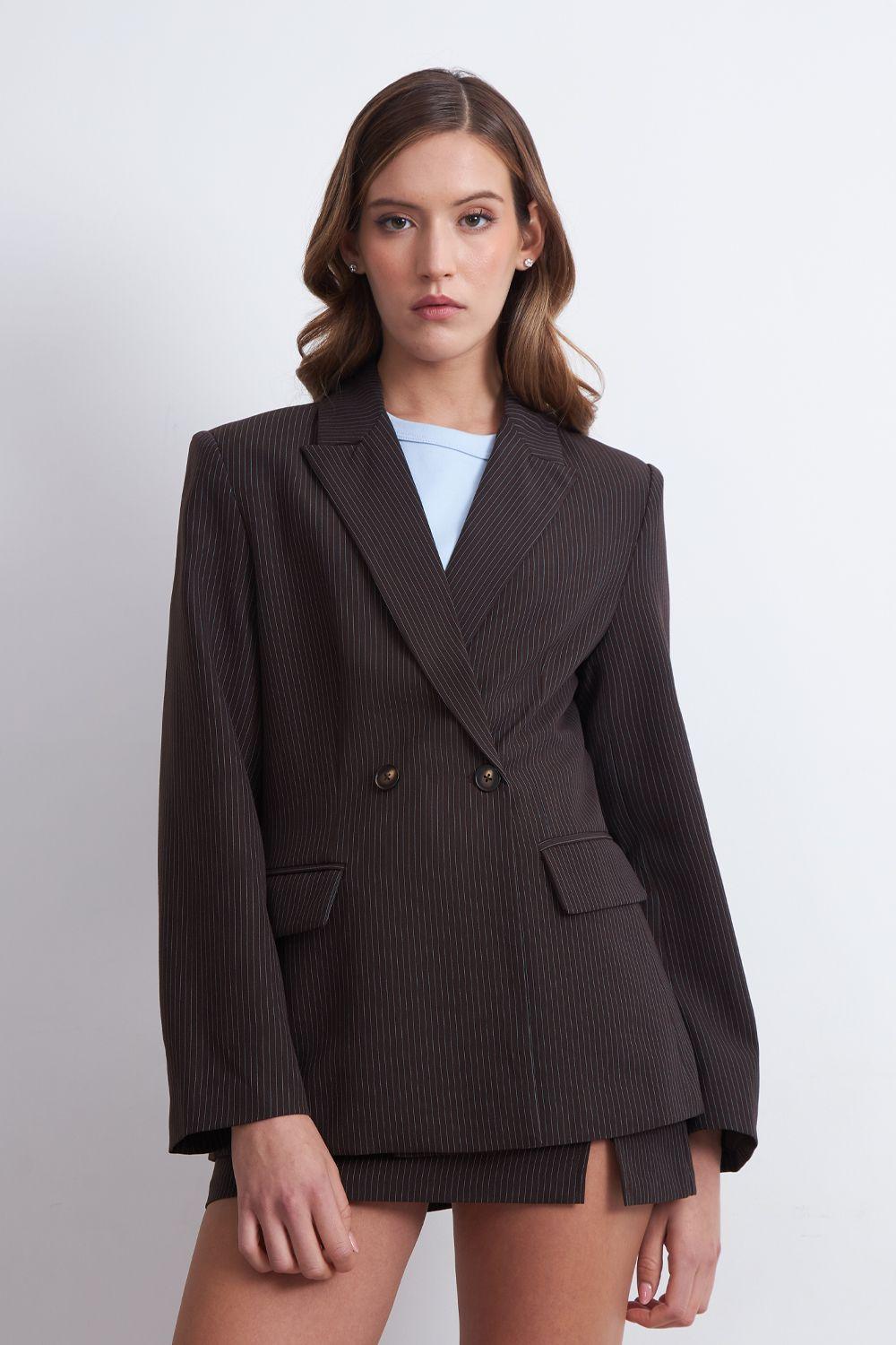 Blazer Cruzado Rayas Diplomáticas Café Nicopoly-5