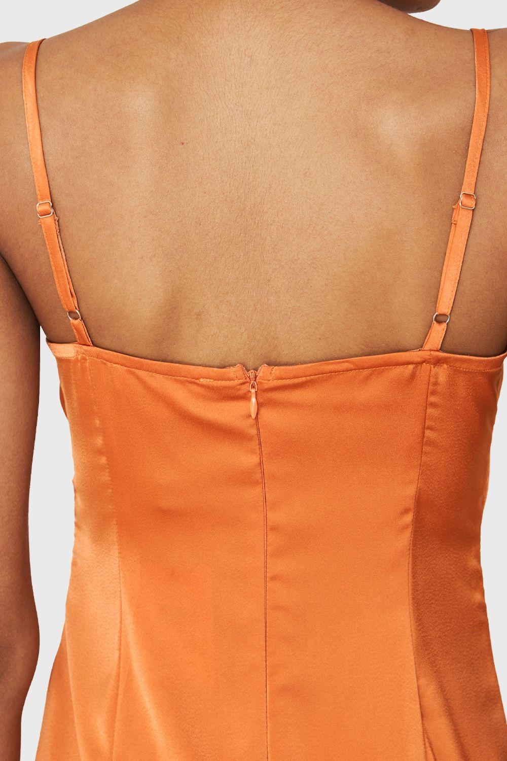 Vestido Tipo Satín Detalles Drapeados Naranja Nicopoly-5