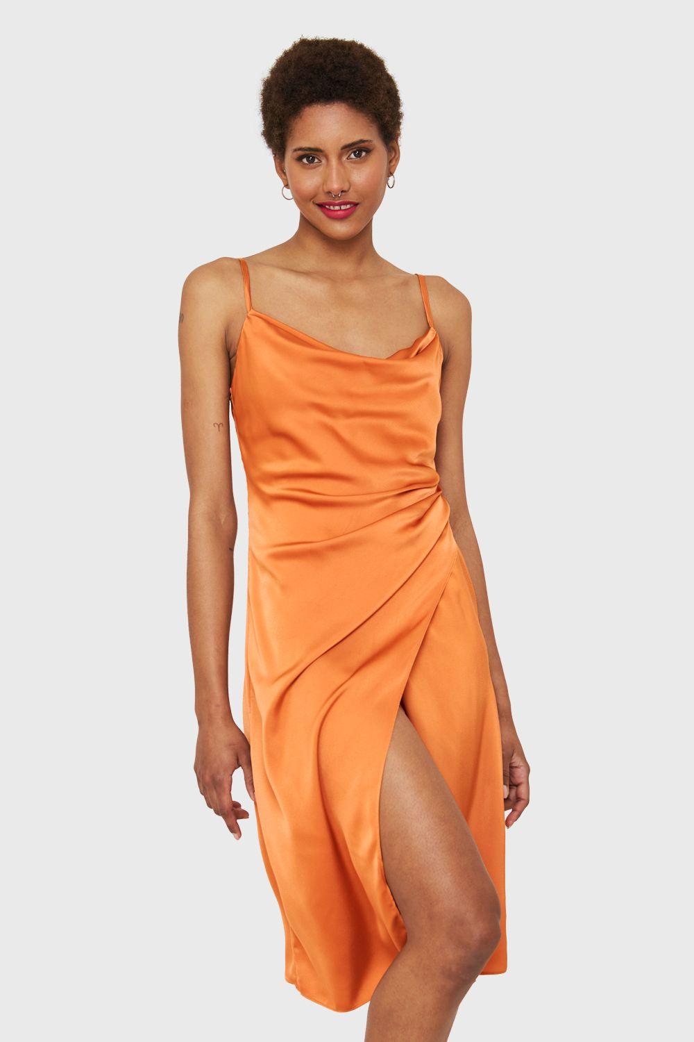 Vestido Tipo Satín Detalles Drapeados Naranja Nicopoly-0