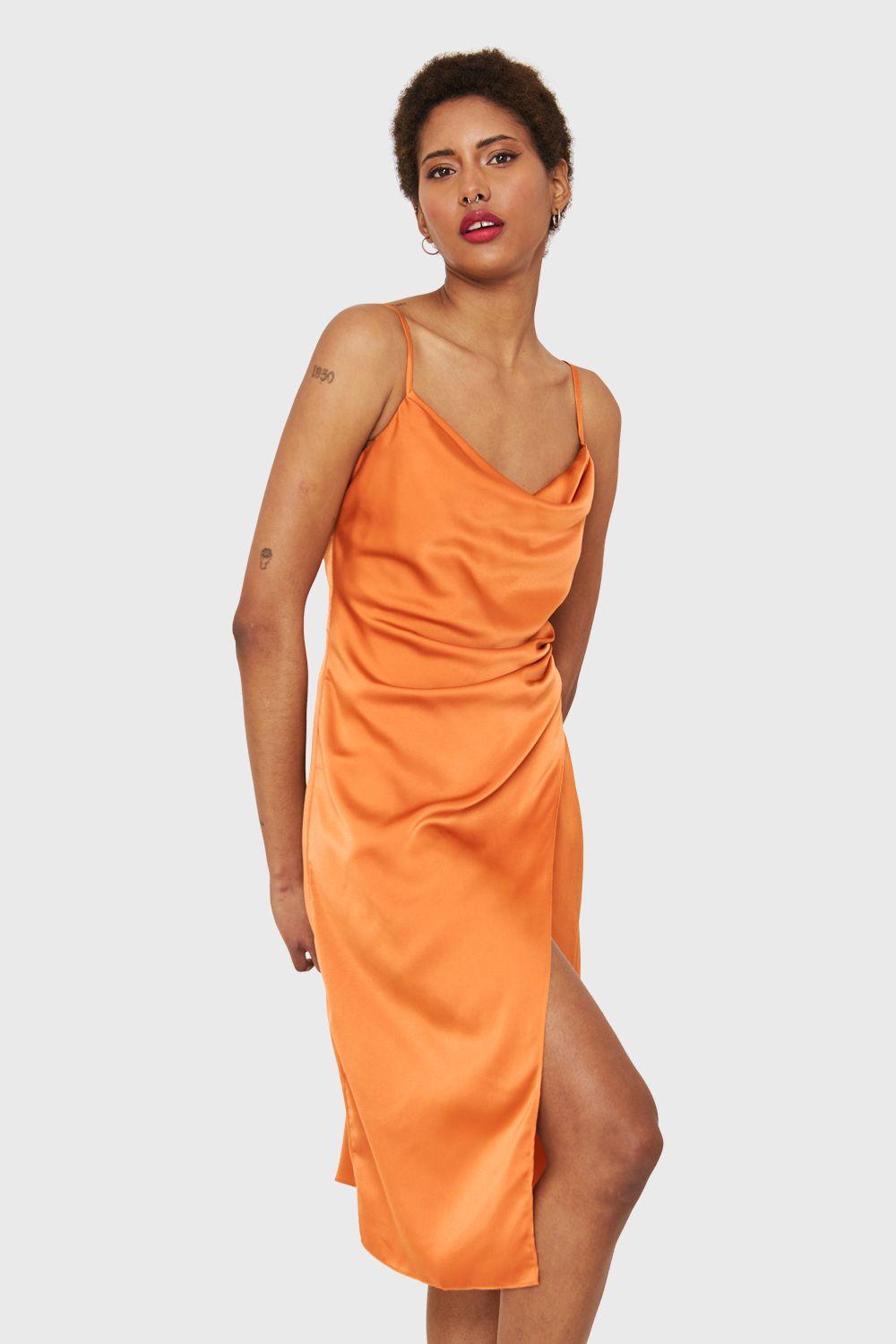 Vestido Tipo Satín Detalles Drapeados Naranja Nicopoly-4