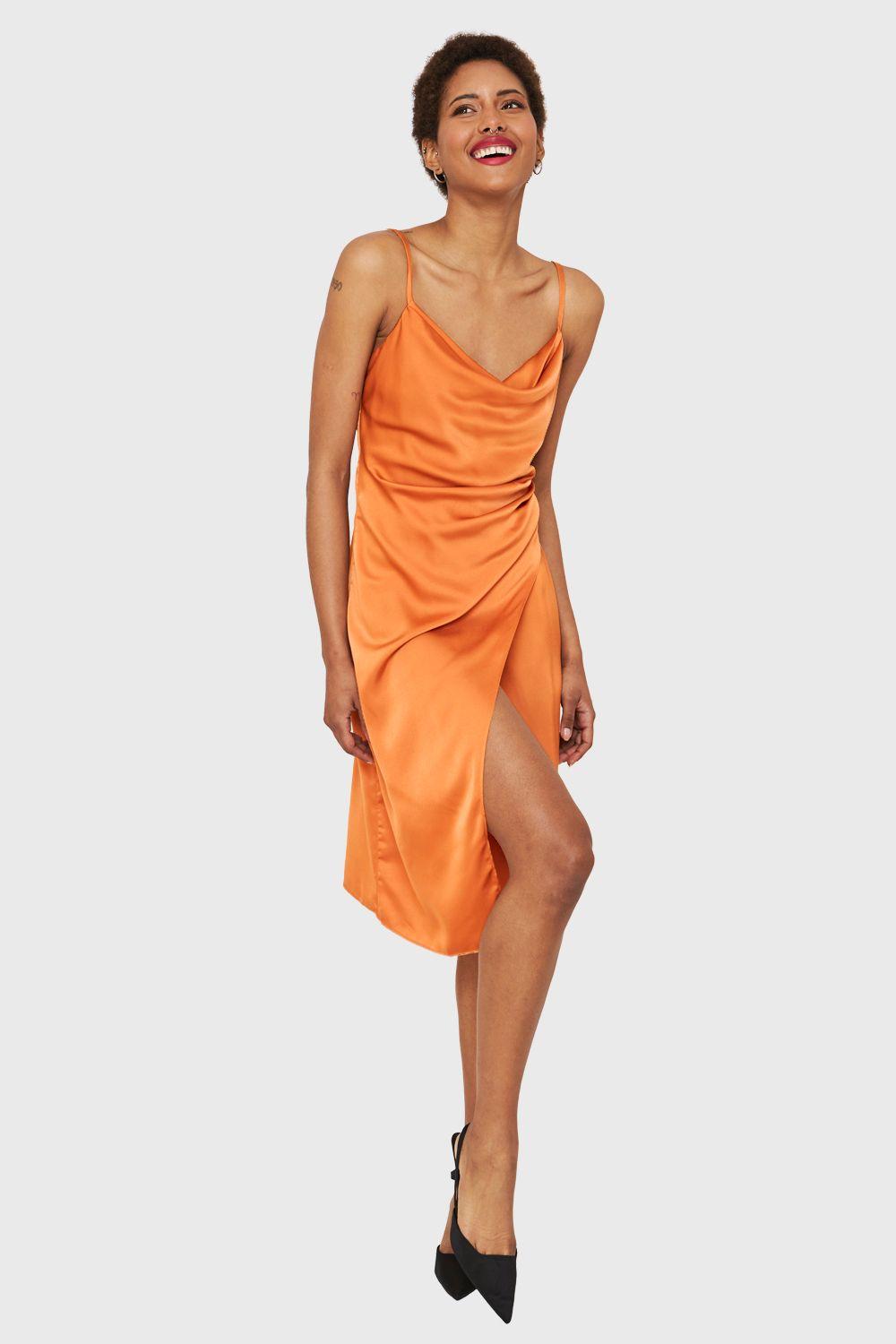 Vestido Tipo Satín Detalles Drapeados Naranja Nicopoly-1