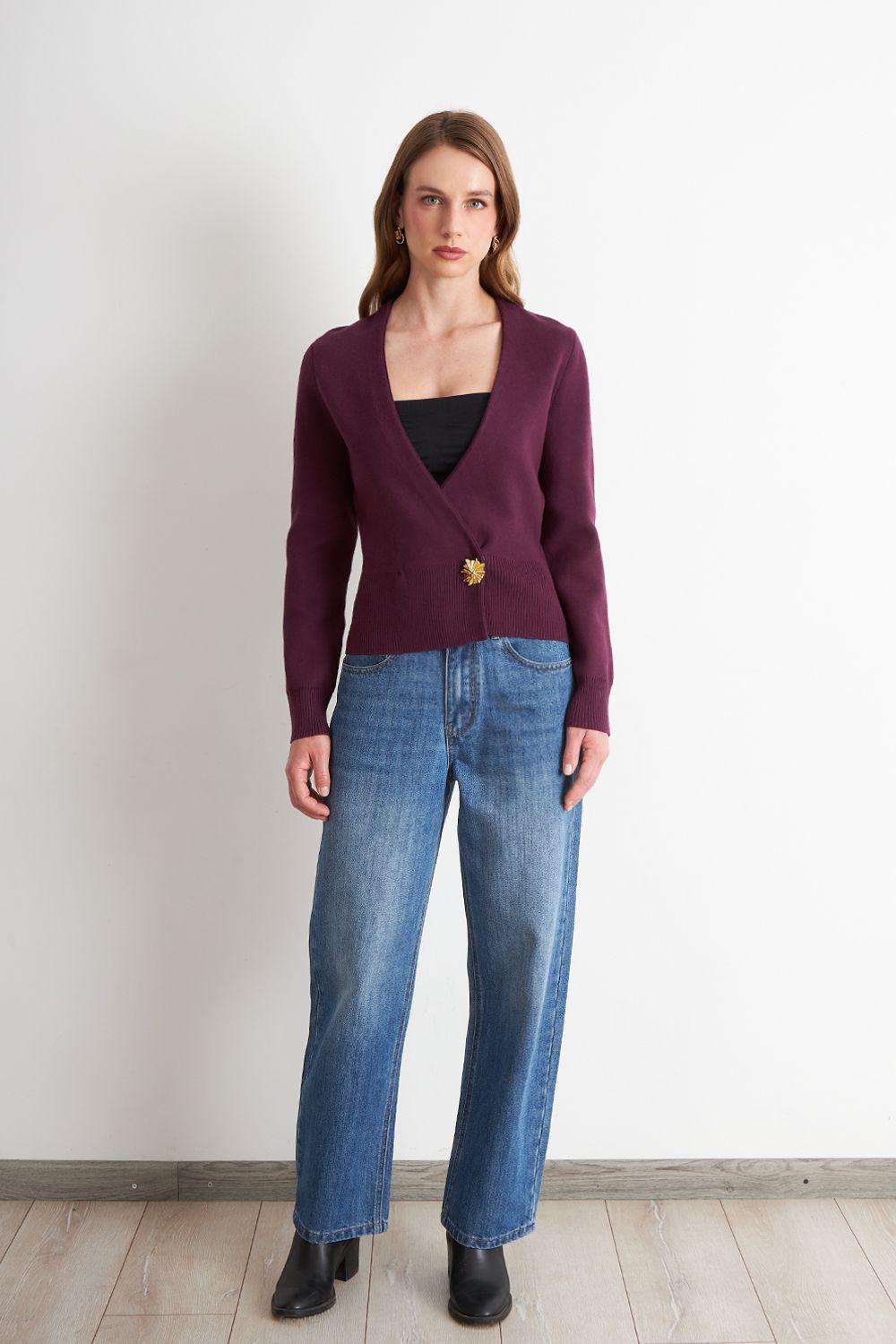 Cárdigan Cruzado con Botón Dorado Morado Nicopoly-1