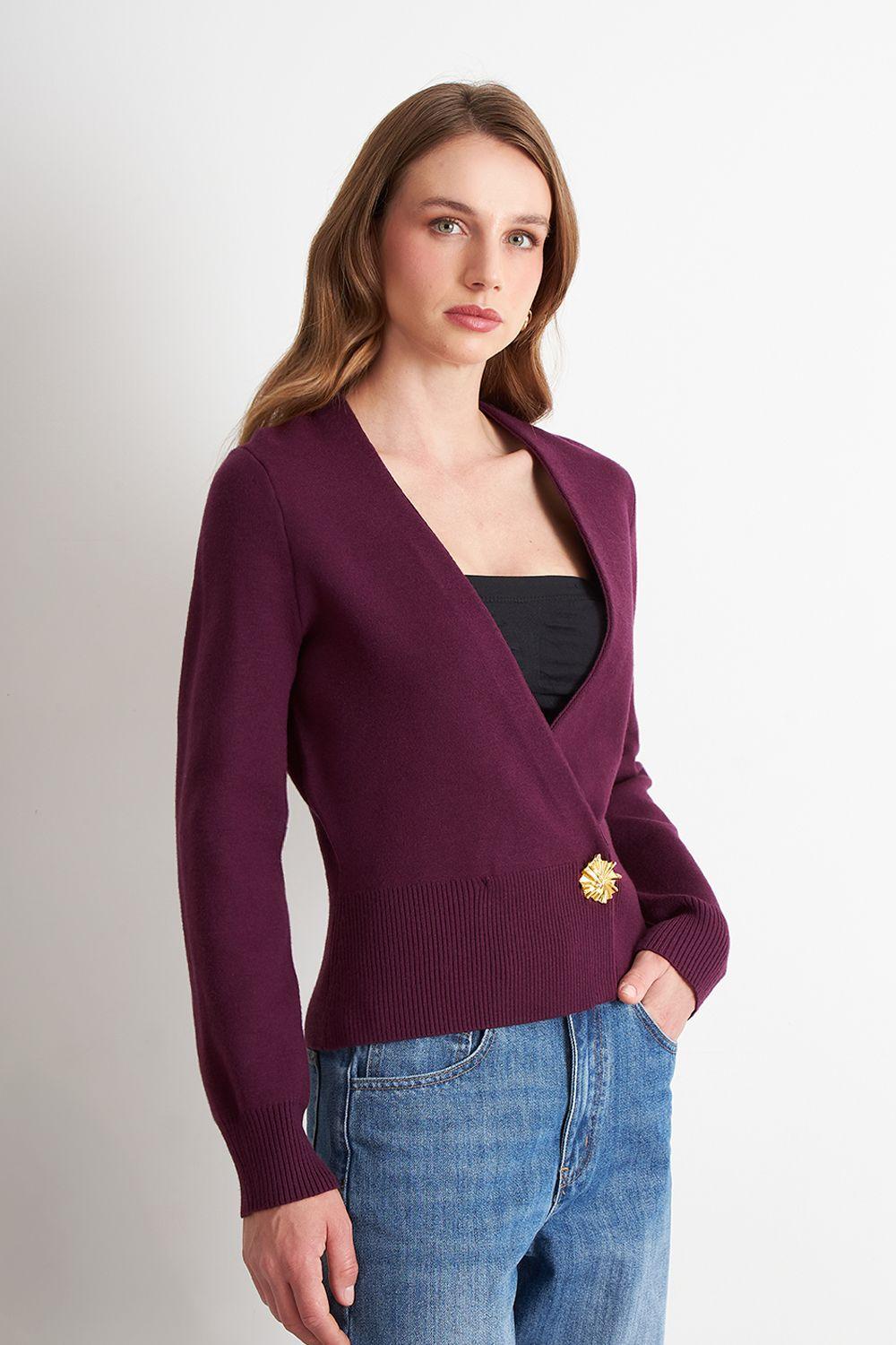 Cárdigan Cruzado con Botón Dorado Morado Nicopoly-2