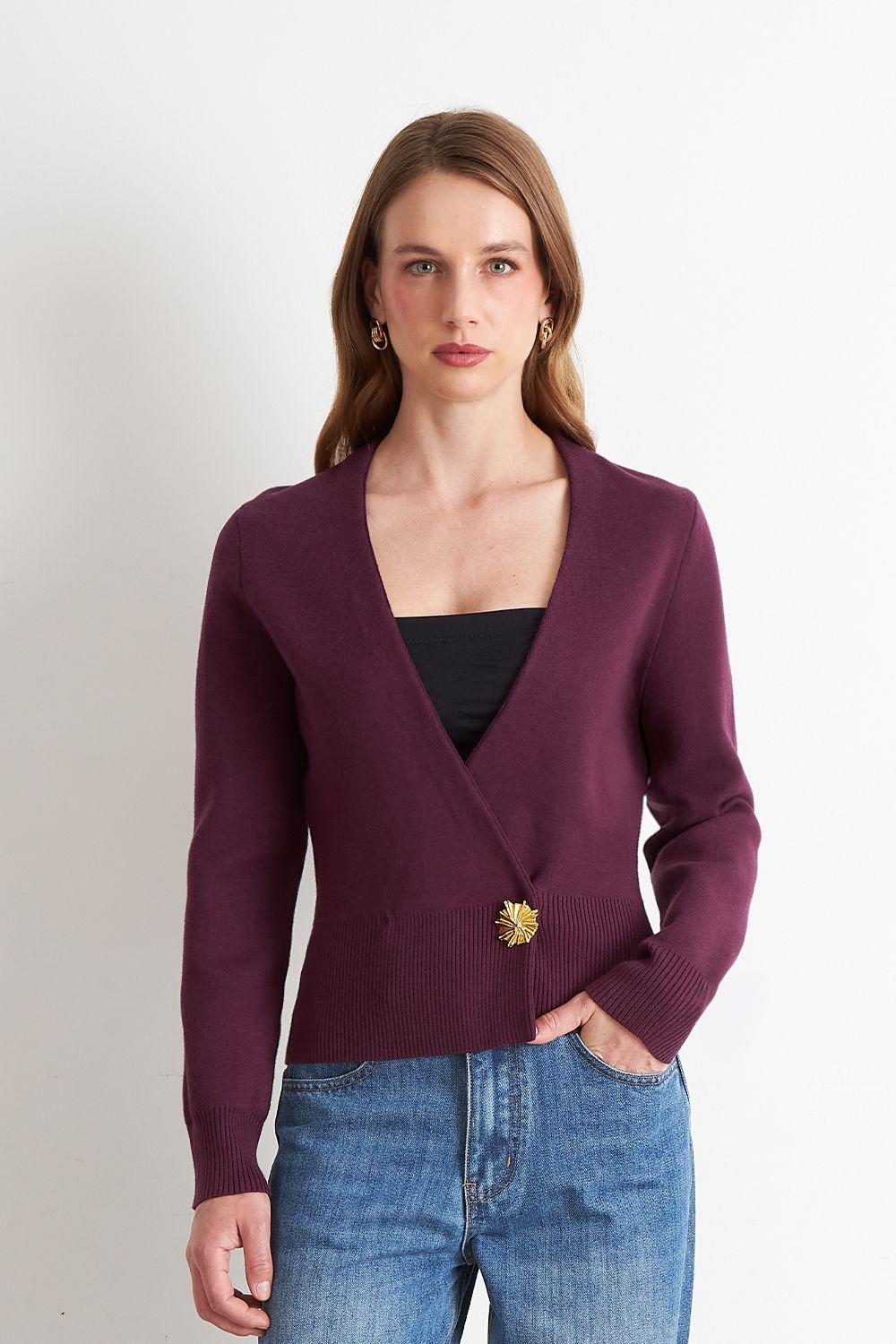 Cárdigan Cruzado con Botón Dorado Morado Nicopoly-4