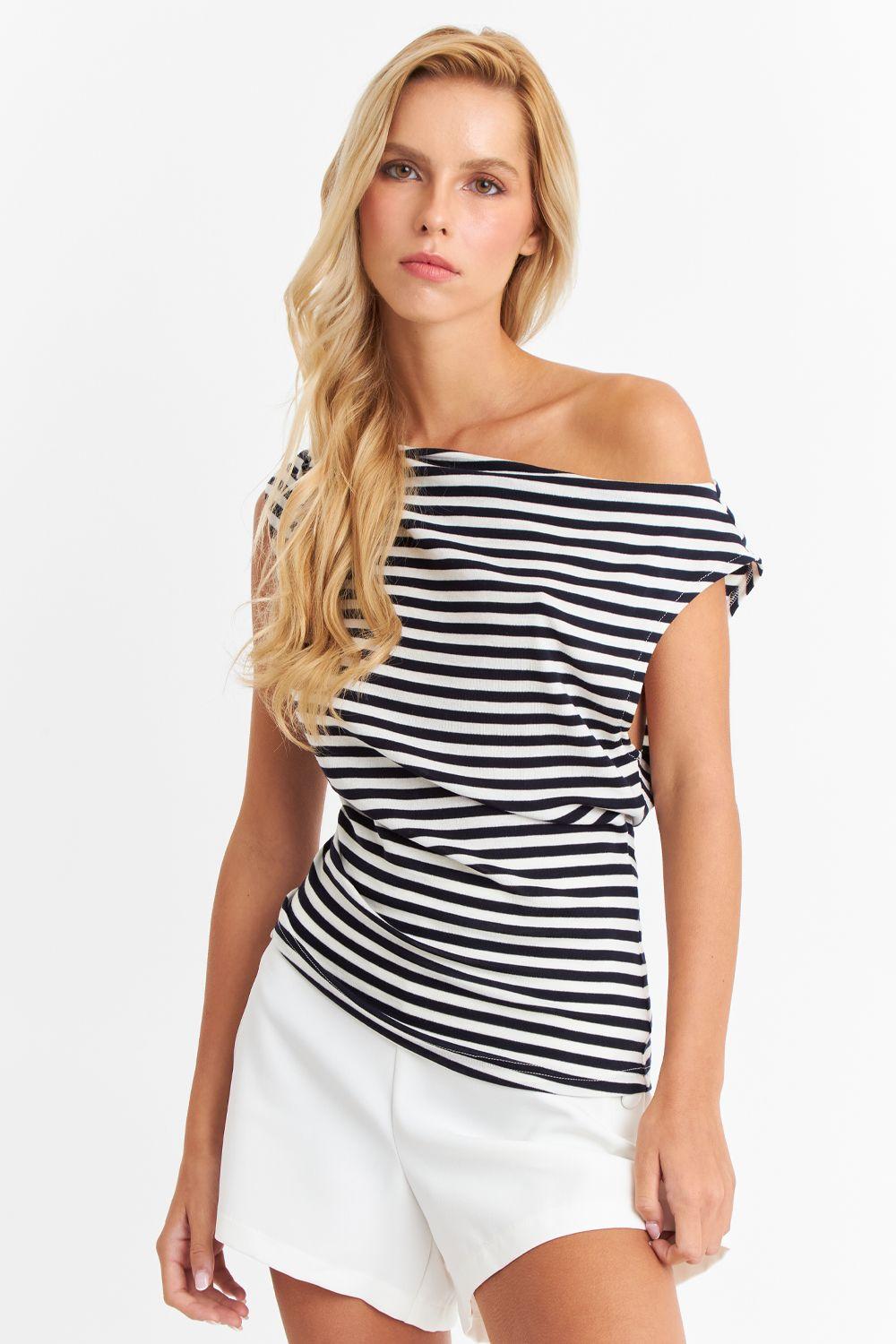 Polera Rayas Cuello Bote Blanco Nicopoly-0