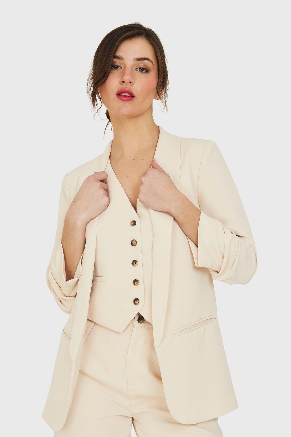 Blazer Manga 3/4 Ajustada Con Pliegues Beige Nicopoly-0