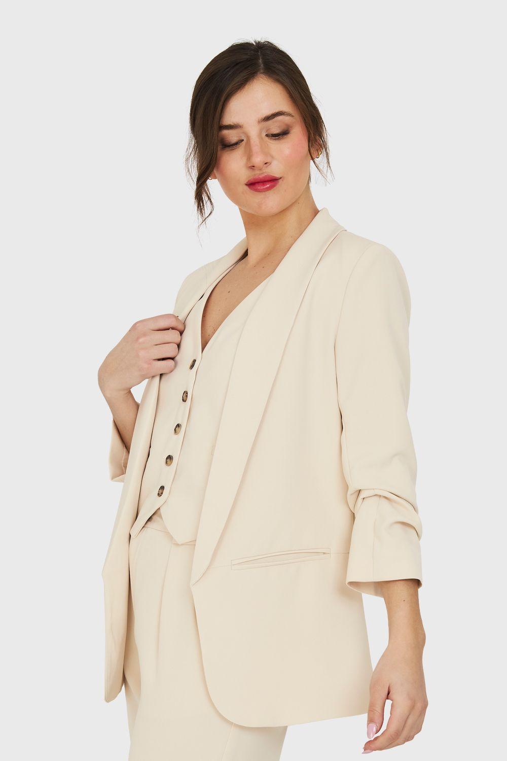 Blazer Manga 3/4 Ajustada Con Pliegues Beige Nicopoly-2