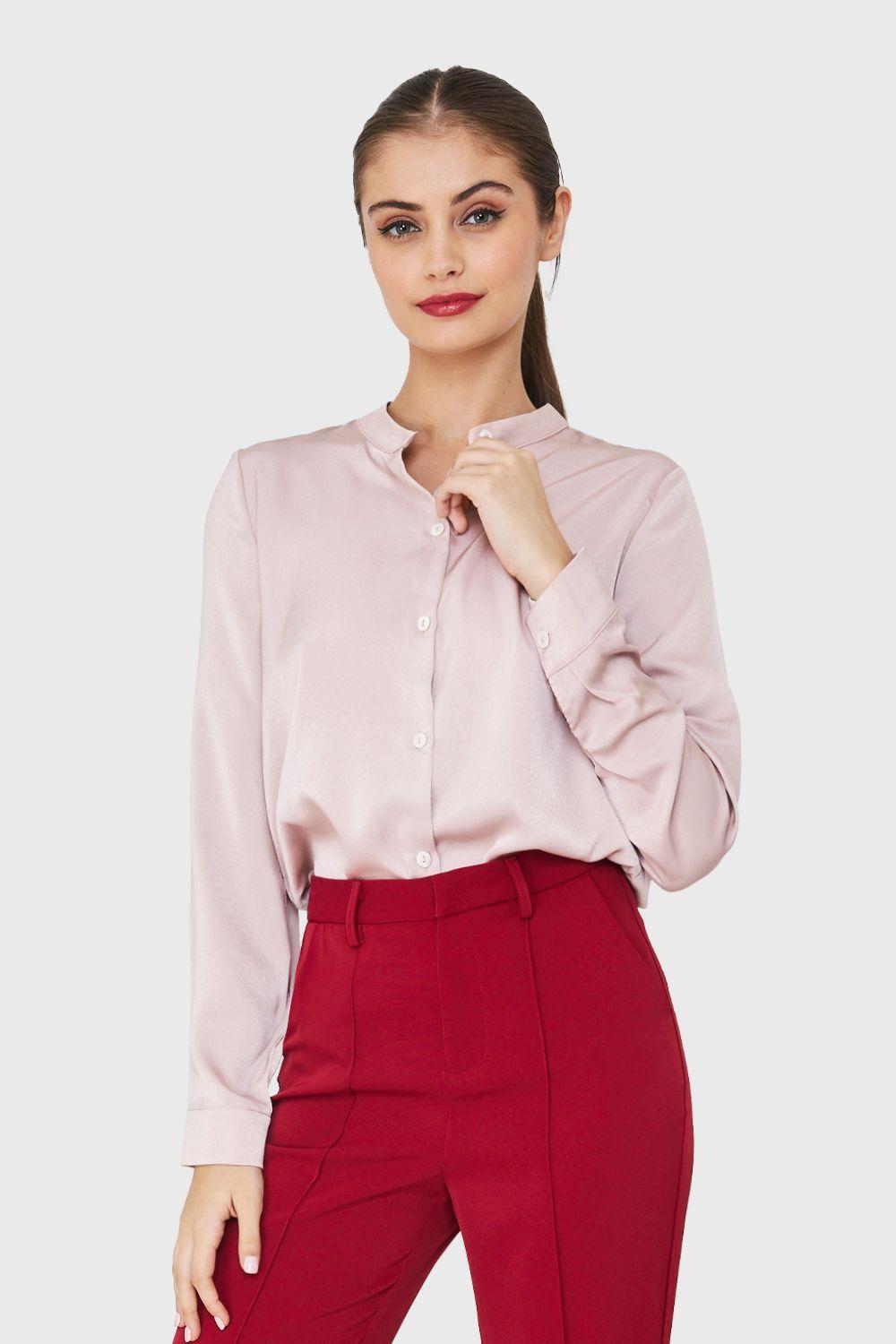 Blusa Cuello Mao Tipo Satín Palo Rosa Nicopoly-0