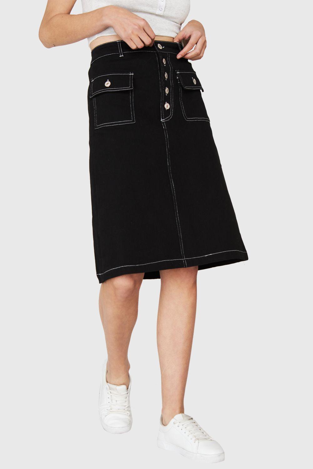 Falda Midi Bolsillos Negro Nicopoly-0