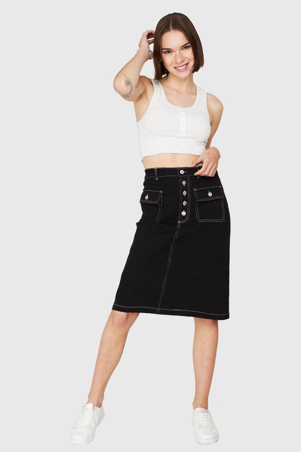 Falda Midi Bolsillos Negro Nicopoly-1